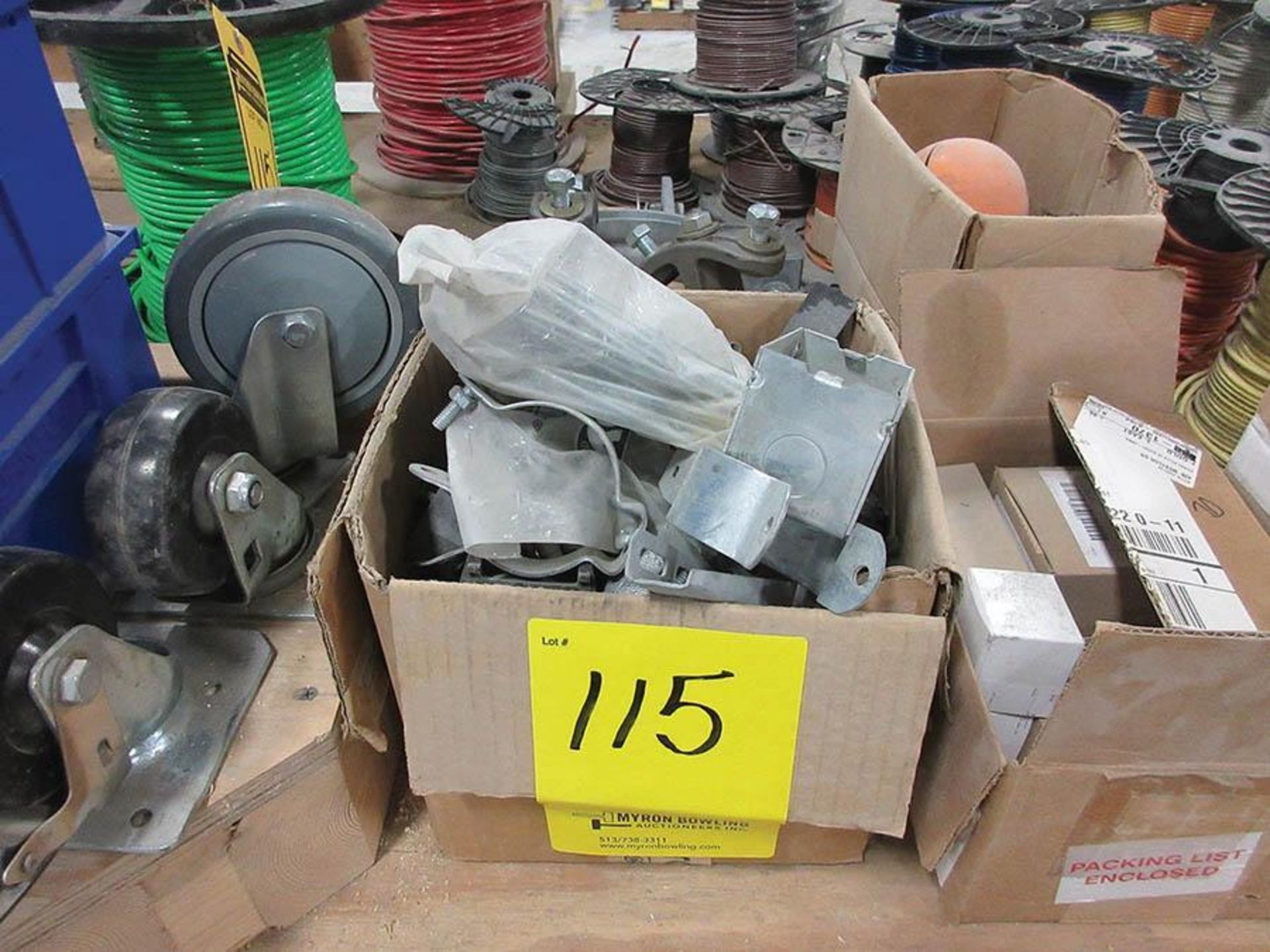 ITEMS ON WORKBENCH: ASSORTED WIRE SPOOLS, ELECTRICAL BOXES, COVERS, EFECTOR ELECTRONIC PROXIMITY - Image 3 of 8