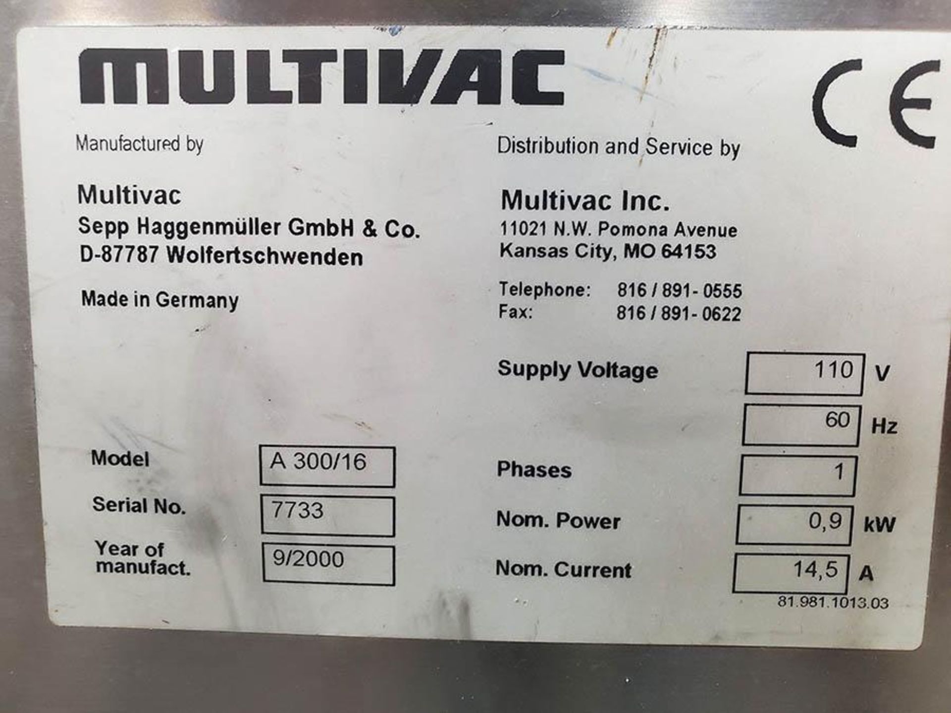 2000 MULTIVAC A300 S/S VACUUM SEALER, S/N 7733, DRO CONTROL, ON HD CART - Image 8 of 9