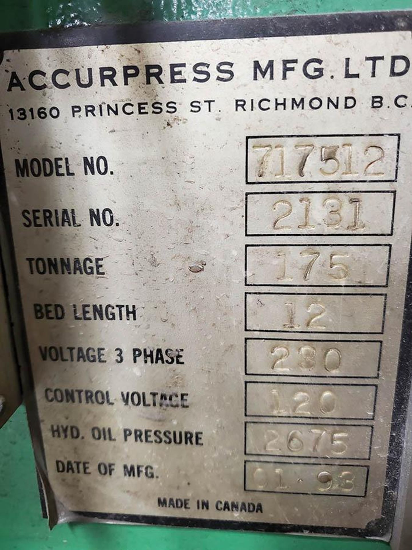 1993 ACCURPRESS 175-Ton x 12' PRESS BRAKE, MODEL 717512, S/N 2131, AUTOGAUGE CNC 99 CONTROL, AUTO - Image 9 of 12