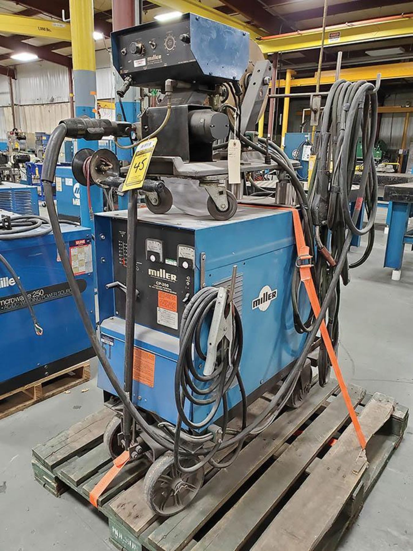 MILLER CP-200 CONSTANT POTENTIAL DC ARC WELDER ON CASTER CART WITH MILLER S-52E WIRE FEEDER