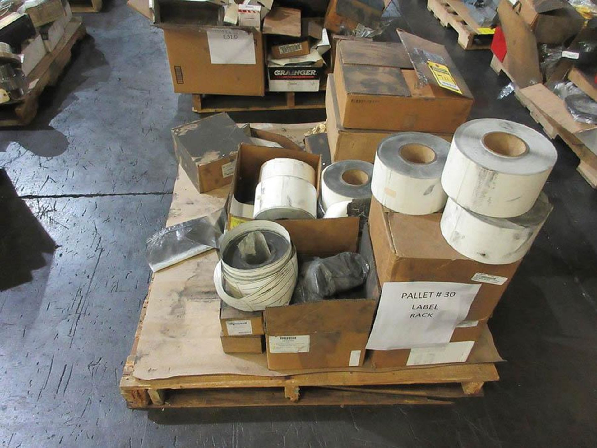 (4) PALLETS W/ LABELS, WIPING CLOTHS, FILTERS, TAPE, PAINT TRAYS AND MORE