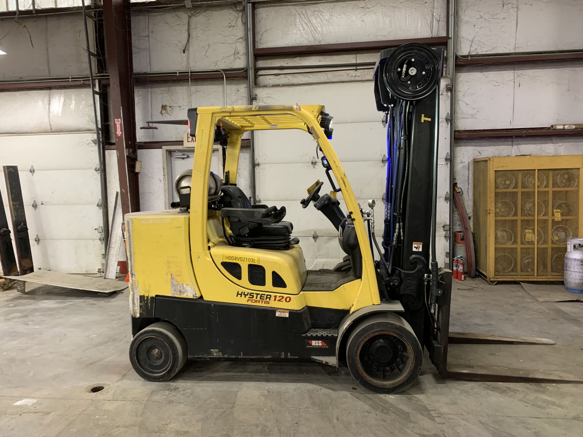 2013 HYSTER 12,000-LB. CAPACITY FORKLIFT, MOD: S120FT, LPG, 3-STAGE MAST, 213" LIFT, SOLID TIRES