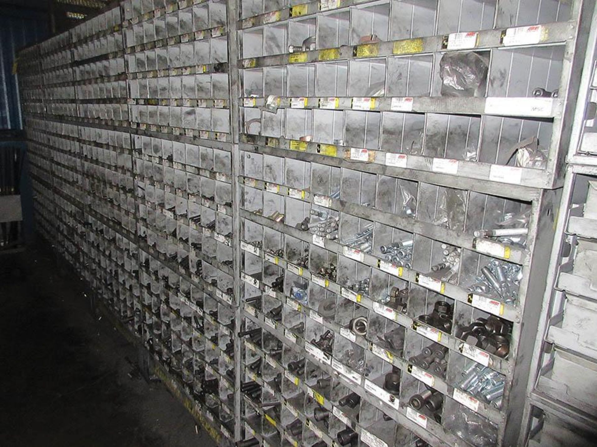 (5) KM PIGEON HOLE CABINETS W/ ASSORTED HARDWARE CONTENT, (2) KM ALL-THREAD HOLDERS