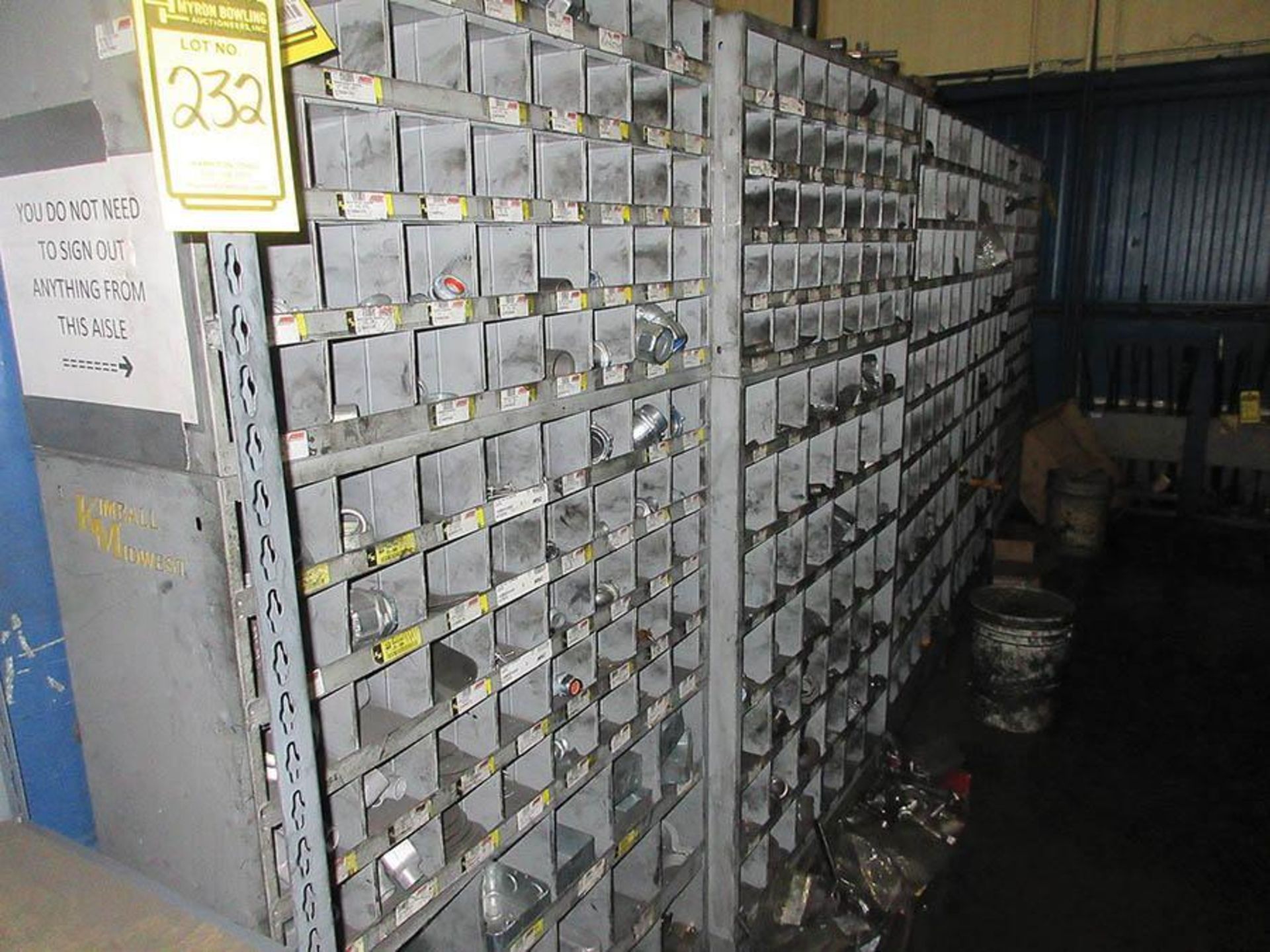 (5) KM PIGEON HOLE CABINETS W/ ASSORTED HARDWARE CONTENT, (1) 5-SHELF UNIT W/ CONTENT