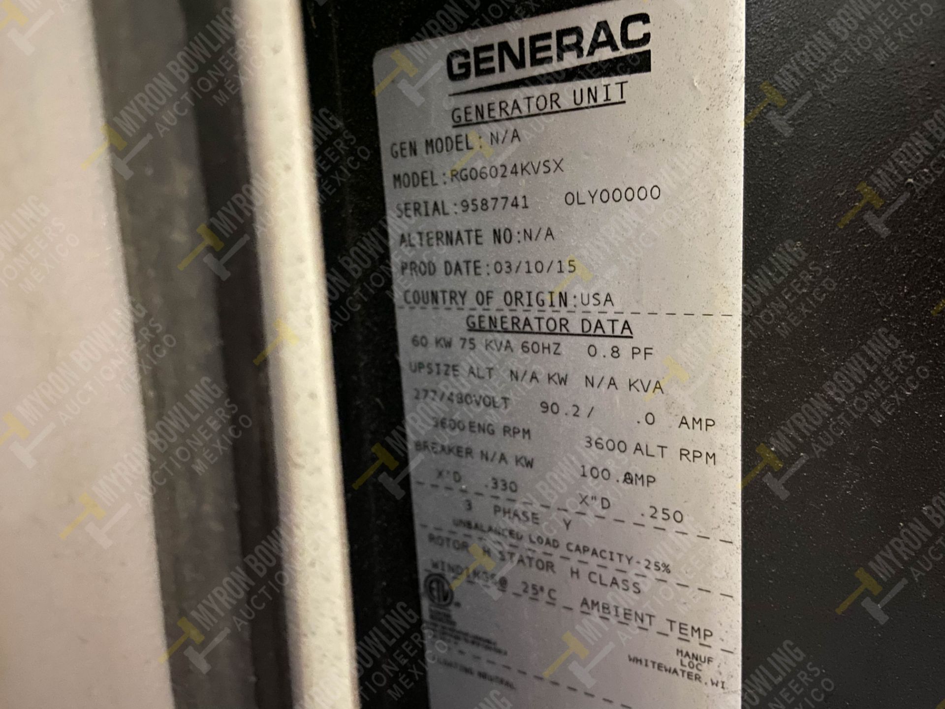 Generador de emergencia GENERAC, MOD. RG06024KVSX, SERIE 4587741, 75 KVA, MOTOR 4 CIL A GASOLINA. A - Image 10 of 13