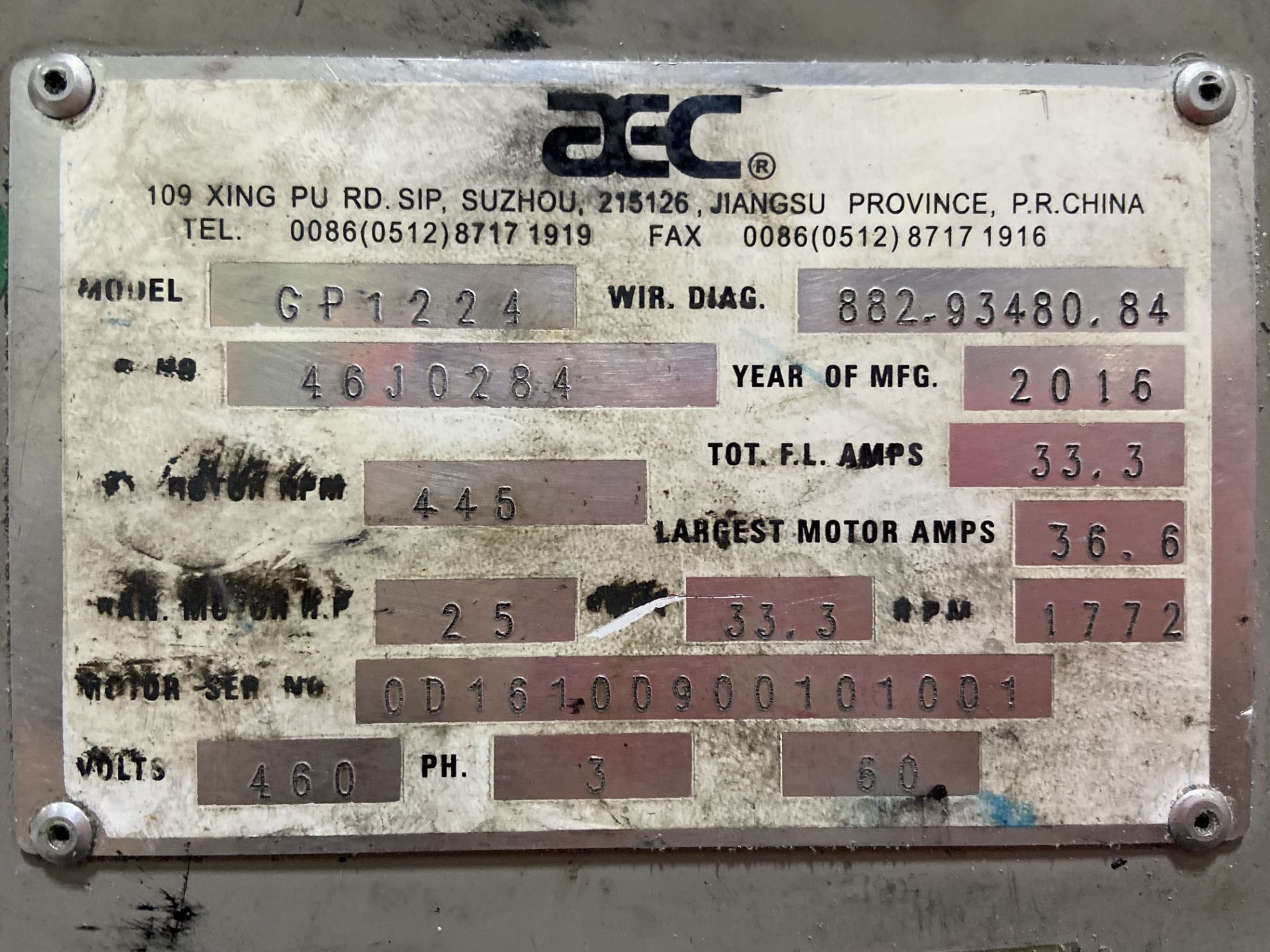 25HP AEC GP1224 PLASTIC GRANULATOR, SERIE 46J0284, MFG. YEAR 2016 (C-01) - Image 7 of 7