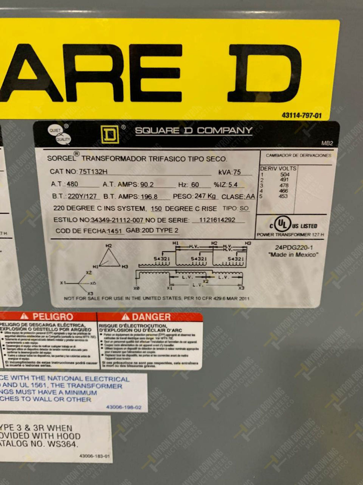 TRASNFORMADOR SECO, MARCA SCUARE D, CAPACIDAD DE 75 KVA PRIMARIO 480 Y SECUNDARIO 208/120 VOLTS - Image 5 of 6