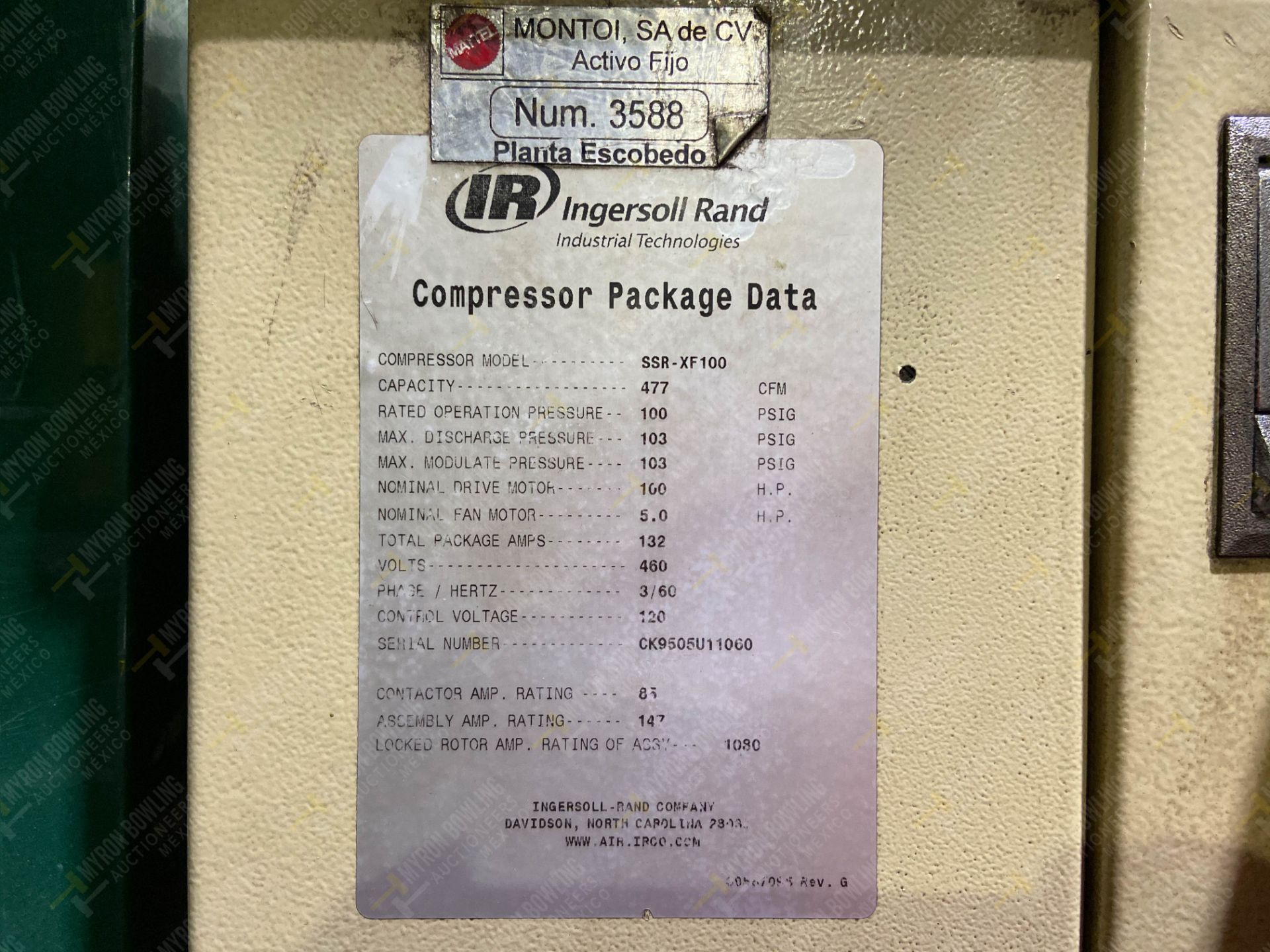 COMPRESOR DE TORNILLO, MARCA INGERSOLL RAND, MODELO, SSR-XF100, NO. SERIE. CK9505U11060, 100 PSI, 1 - Image 11 of 14