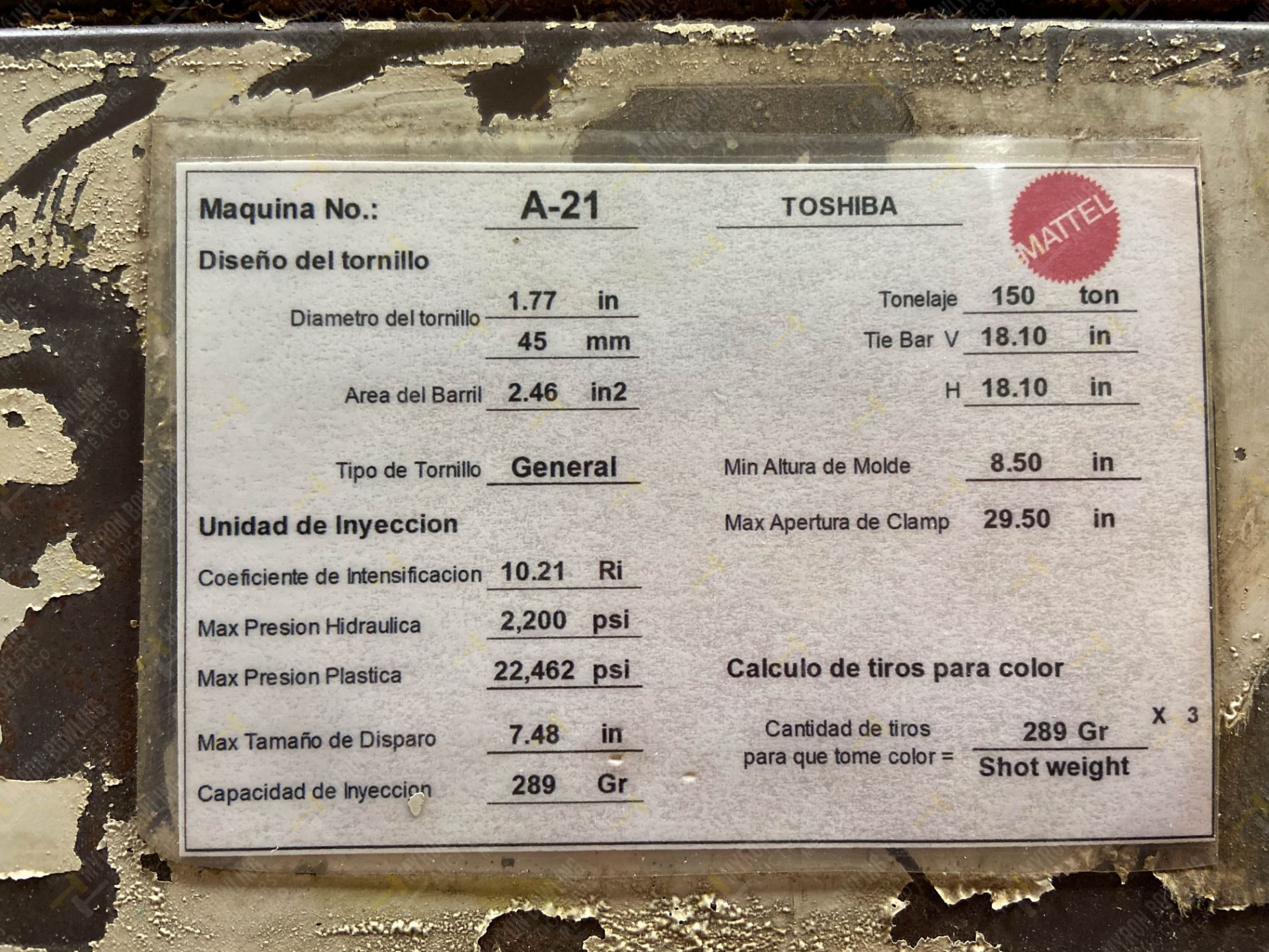 INYECTORA DE PLASTICO TOSHIBA ISG150NV10-7A DE 150 TON, HYD CLAMP, TAMAÑO DE PLATINA 28.7 X 26.8, D - Image 11 of 12