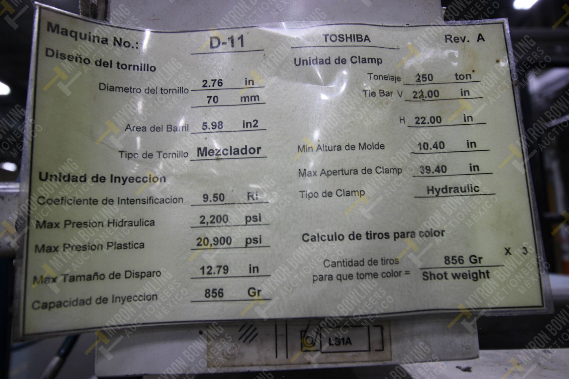 INYECTORA DE PLASTICO, MARCA TOSHIBA ISG 250, NO. SERIE 747904, NO. ACTIVO D-11, AÑO 1997, MODELO I - Image 15 of 16