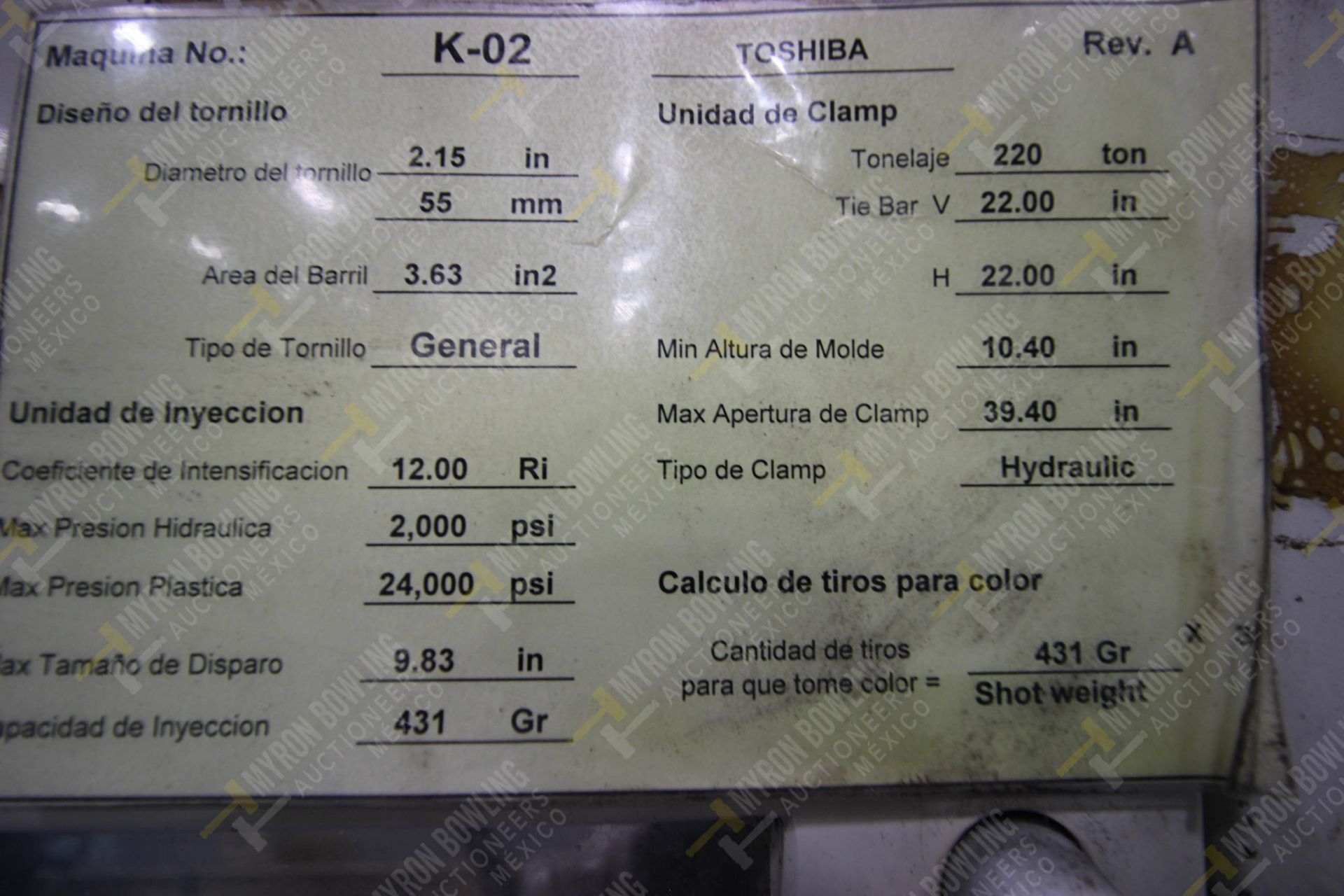 INYECTORA DE PLASTICO, MARCA TOSHIBA IS220G, NO. SERIE 503903, NO. ACTIVO K02, AÑO 1995, MODELO IS2 - Image 17 of 18
