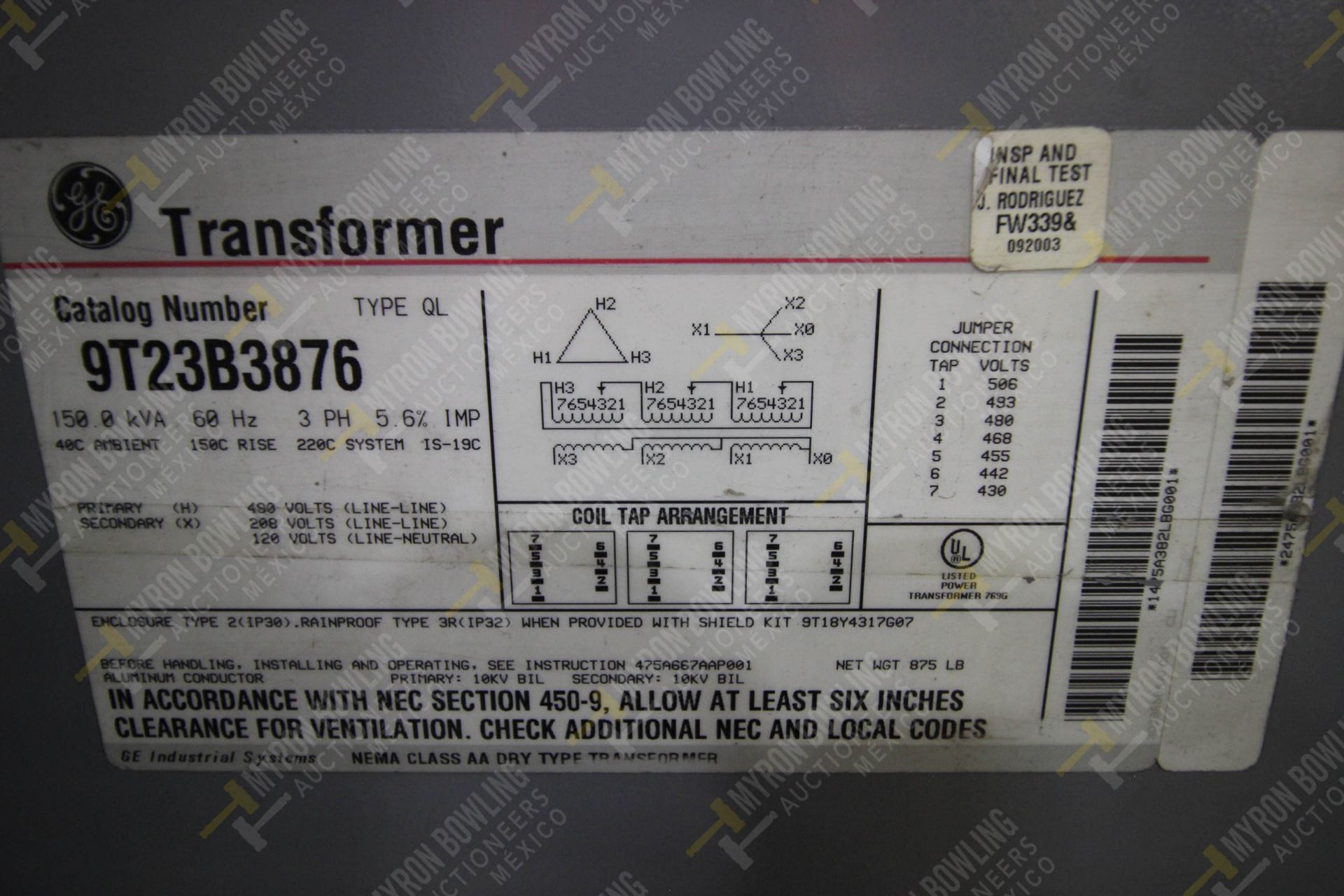 TRANSFORMADOR SECO, MARCA GE, NO. SERIE 21112-002, MODELO 9T23B3876, CON CAPACIDAD DE 150 KVA 480/2 - Image 3 of 4