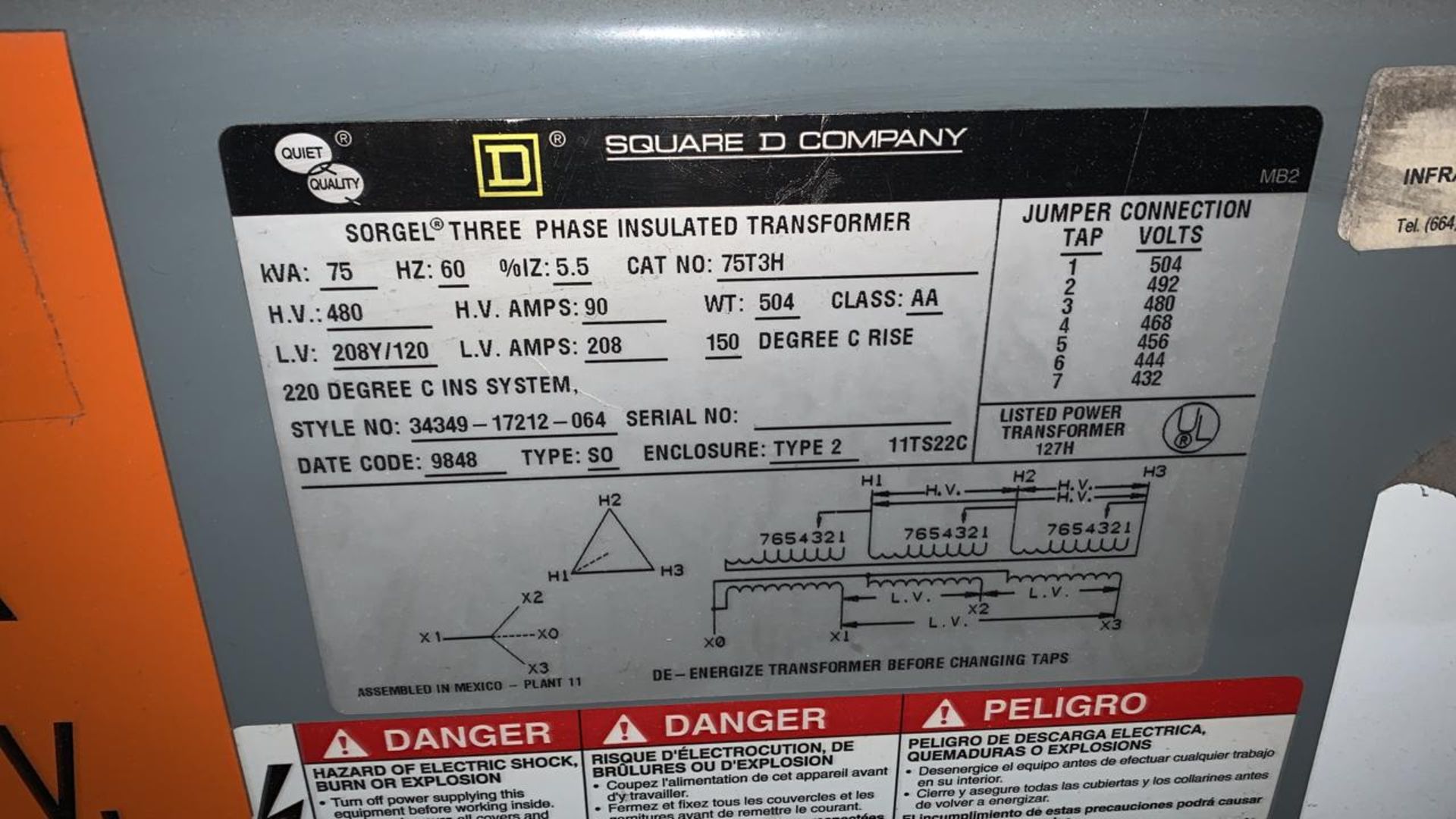 TRANSFORMADOR TIPO SECO DE 75KVA, MARCA SQUARE D, PRIMARIO 480, SECUNDARIO 220/127V - Image 5 of 5