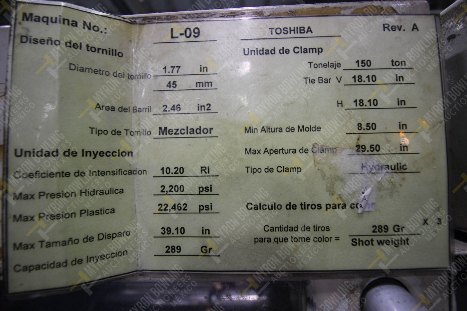 INYECTORA DE PLASTICO, MARCA TOSHIBA ISG 150, NO. SERIE 732402, NO. ACTIVO L09, AÑO 1997, MODELO IS - Image 14 of 15