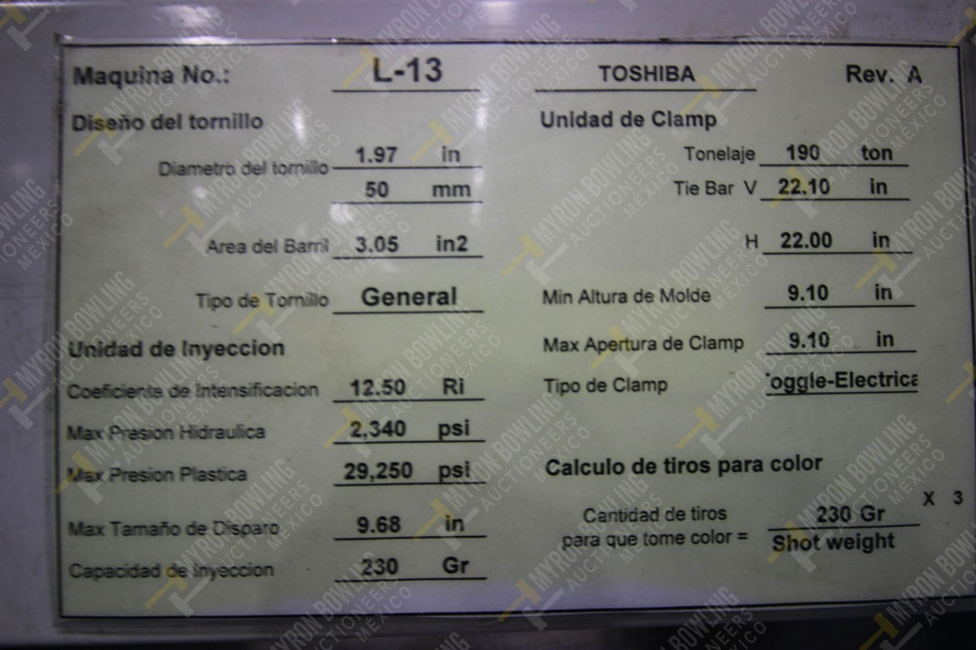 INYECTORA DE PLASTICO, MARCA TOSHIBA ISG190 N, NO. SERIE 706610, NO. ACTIVO L13, AÑO 1997, MODELO I - Image 15 of 16