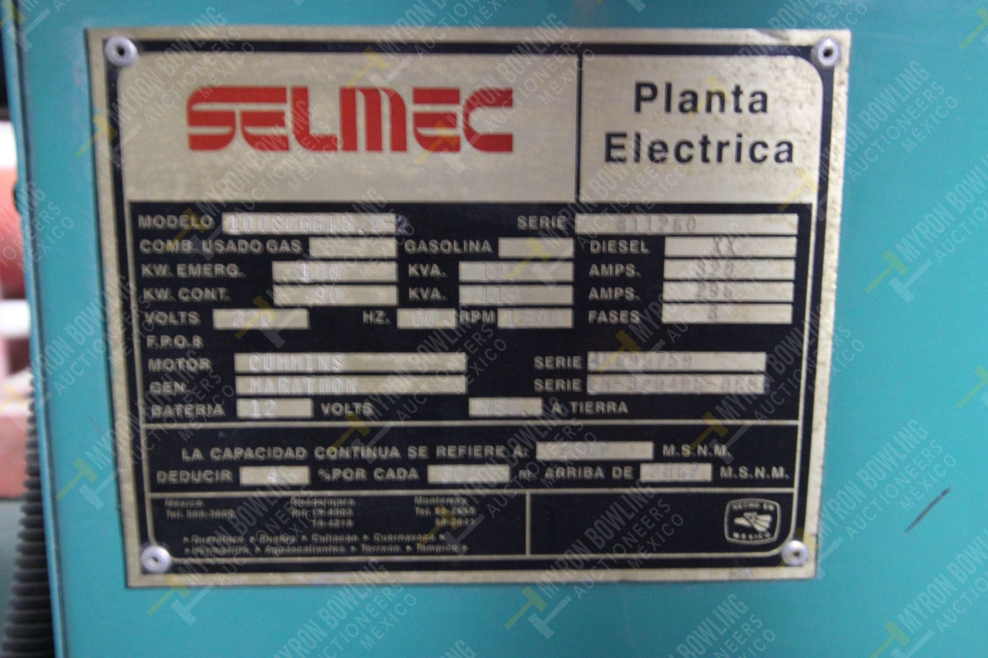 PLANTA DE EMERGENCIA, MARCA SELMEC, NO. SERIE 811260, MODELO 100SC6BT59-2, CAPACIDAD DE 100 KVA Y M - Image 9 of 12