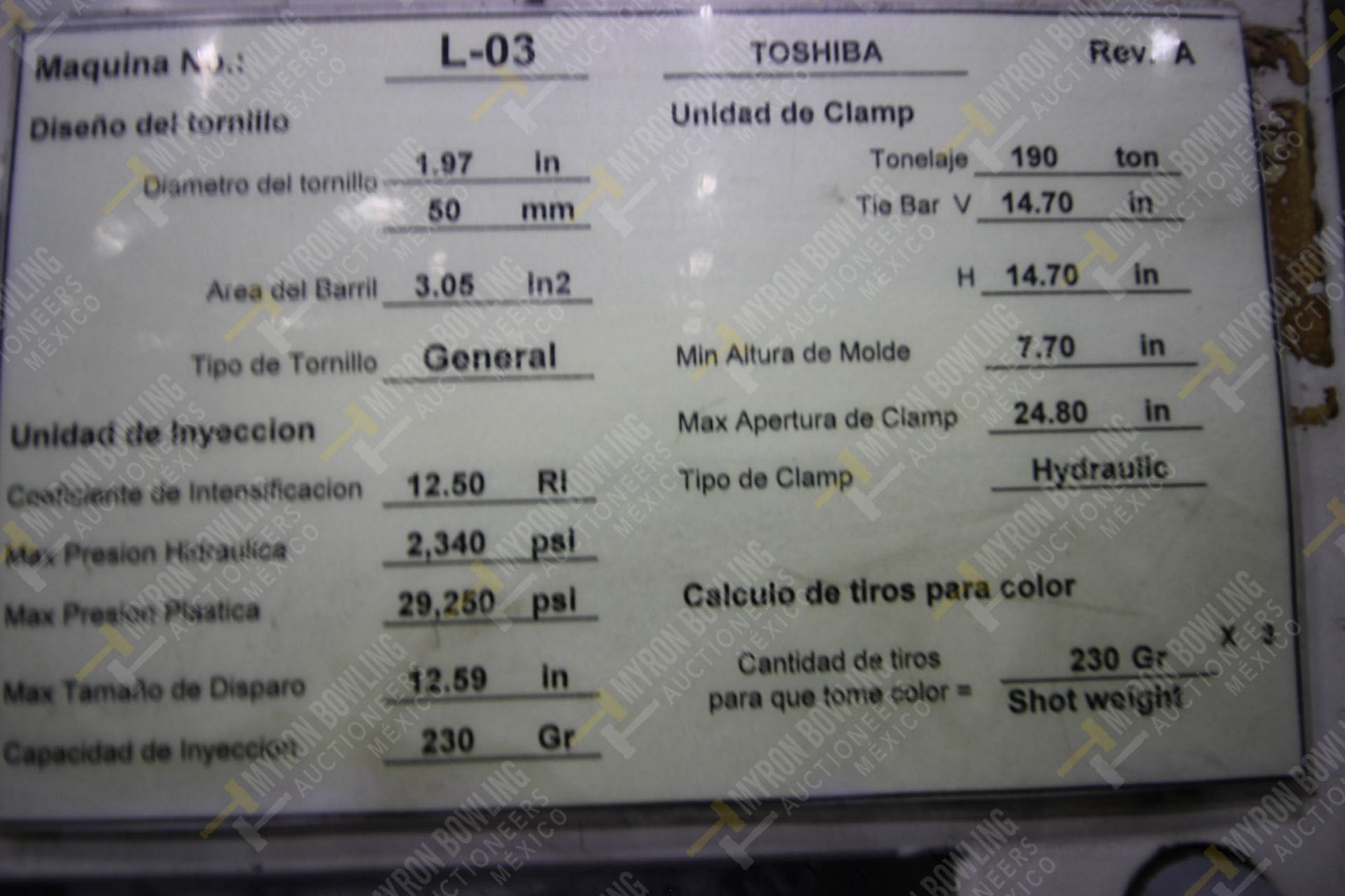 INYECTORA DE PLASTICO, MARCA TOSHIBA ISG 190, NO. SERIE 742905, NO. ACTIVO L03, AÑO 1997, MODELO IS - Image 16 of 17