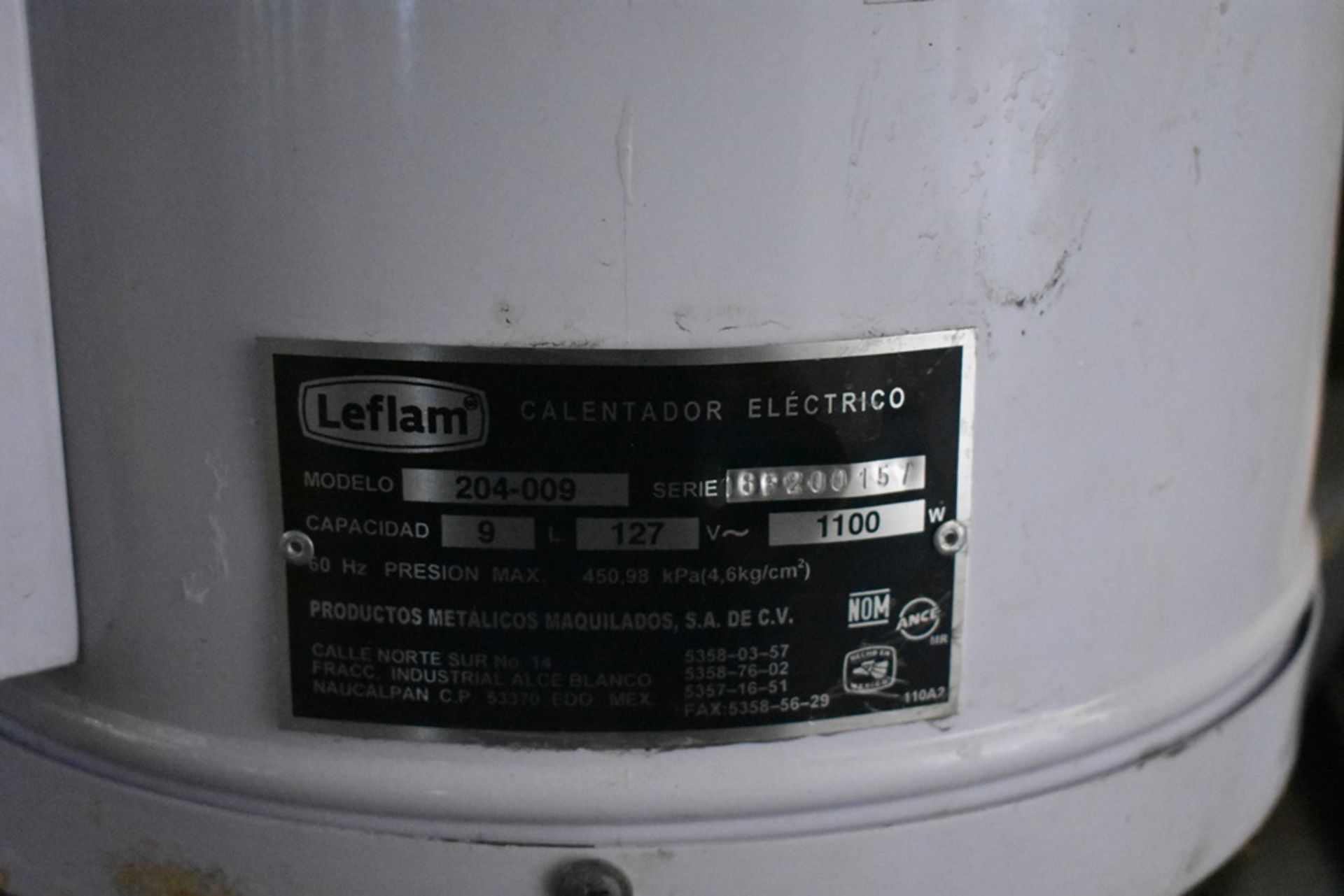 Calentador eléctrico marca Leflam, Modelo: 204-009, Serie: 18F200157, Capacidad: 9 litros. - Image 6 of 6