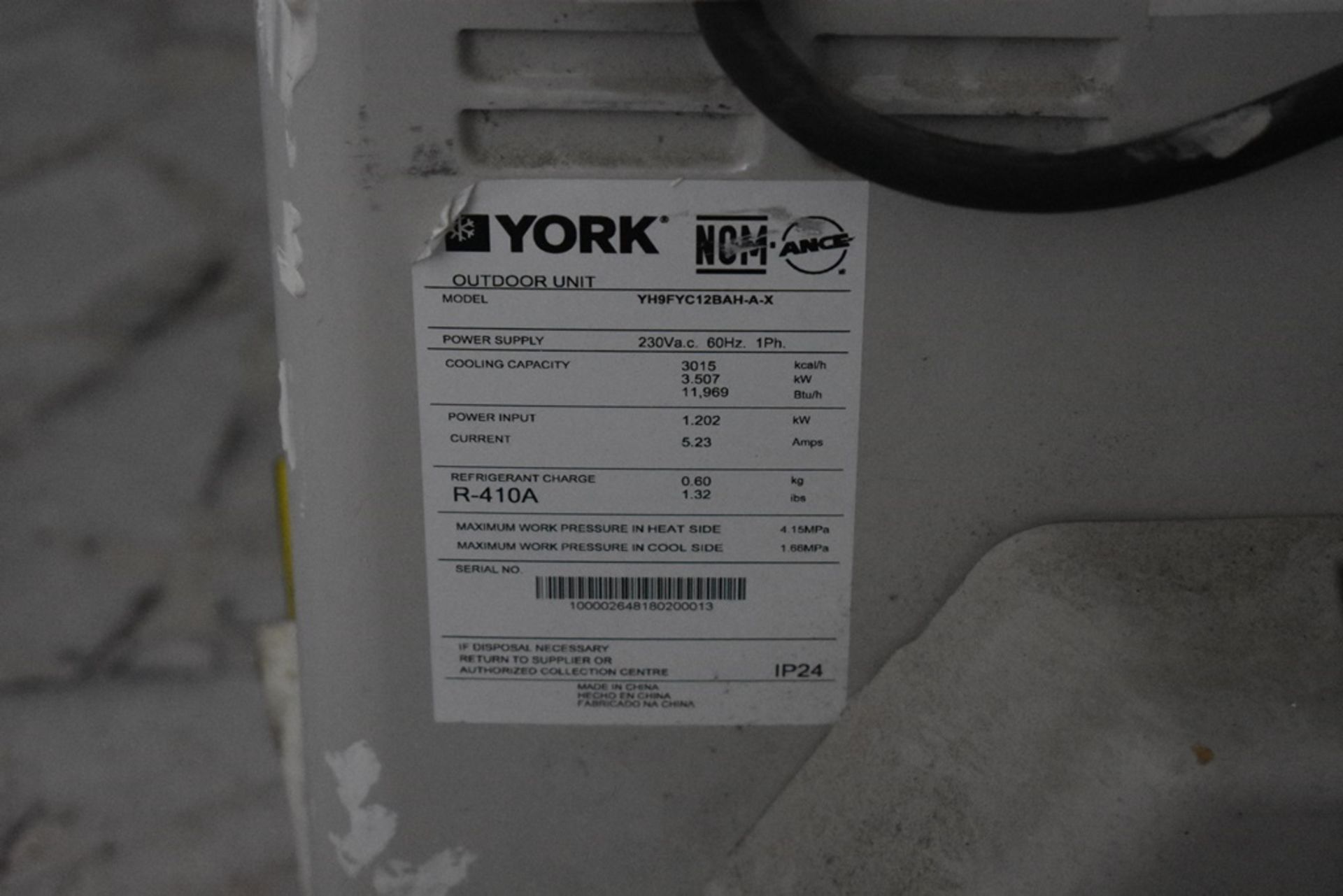 Mini split marca York, Modelo Evaporador: YH9FXC12BAH-FX, Modelo Condensador: YH9FYC12BAH-A-X - Image 8 of 9