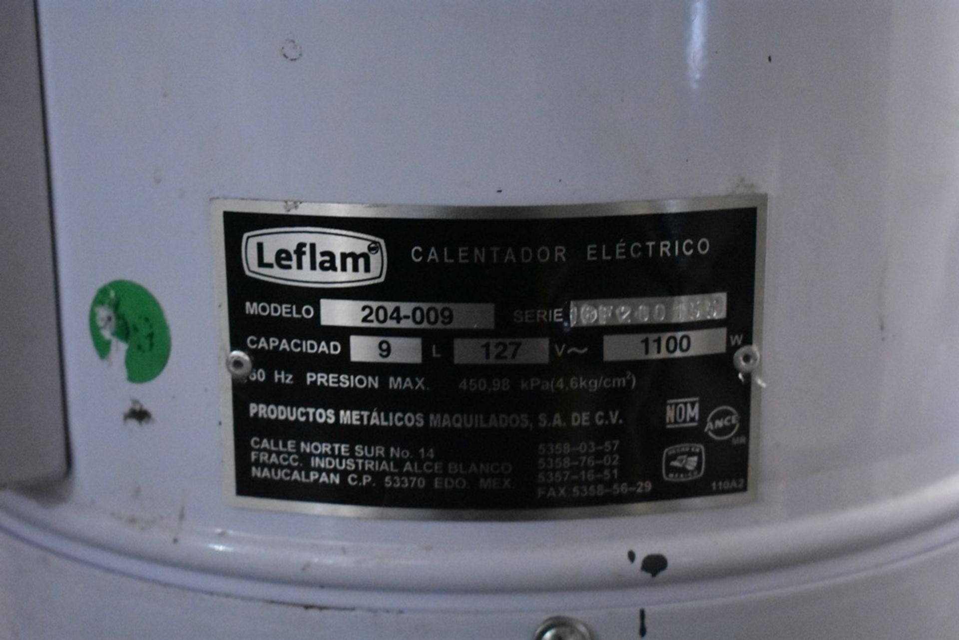 Calentador eléctrico marca Leflam, Modelo: 204-009, Serie: 18F200155, Activo: 004105 - Image 5 of 6