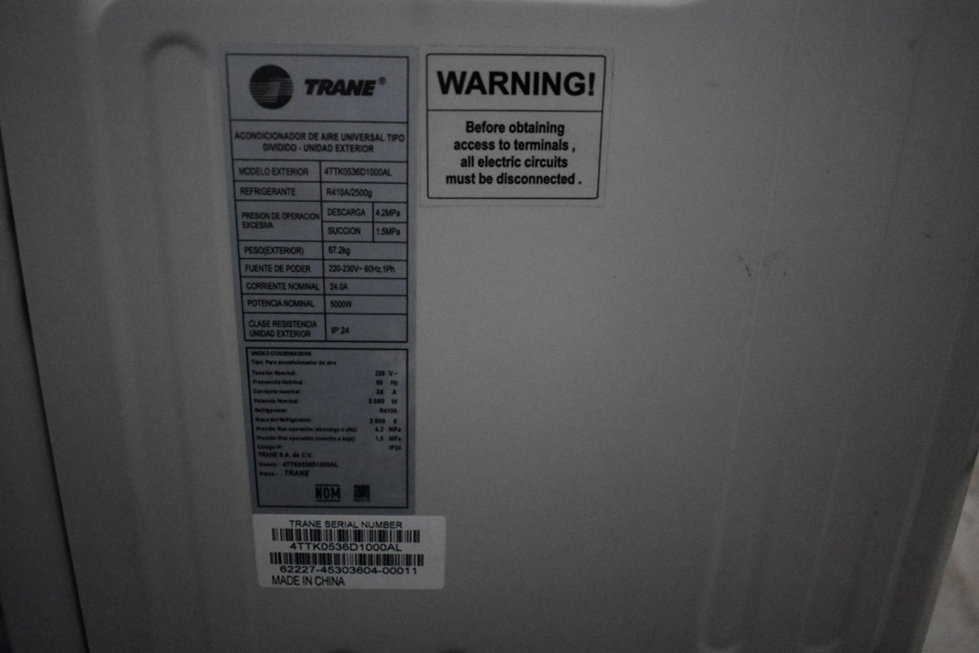 Aire acondicionado tipo dividido marca Trane, Modelo: 4TTK0536D1000AL, Serie: 62227-4530360400011 - Image 7 of 8