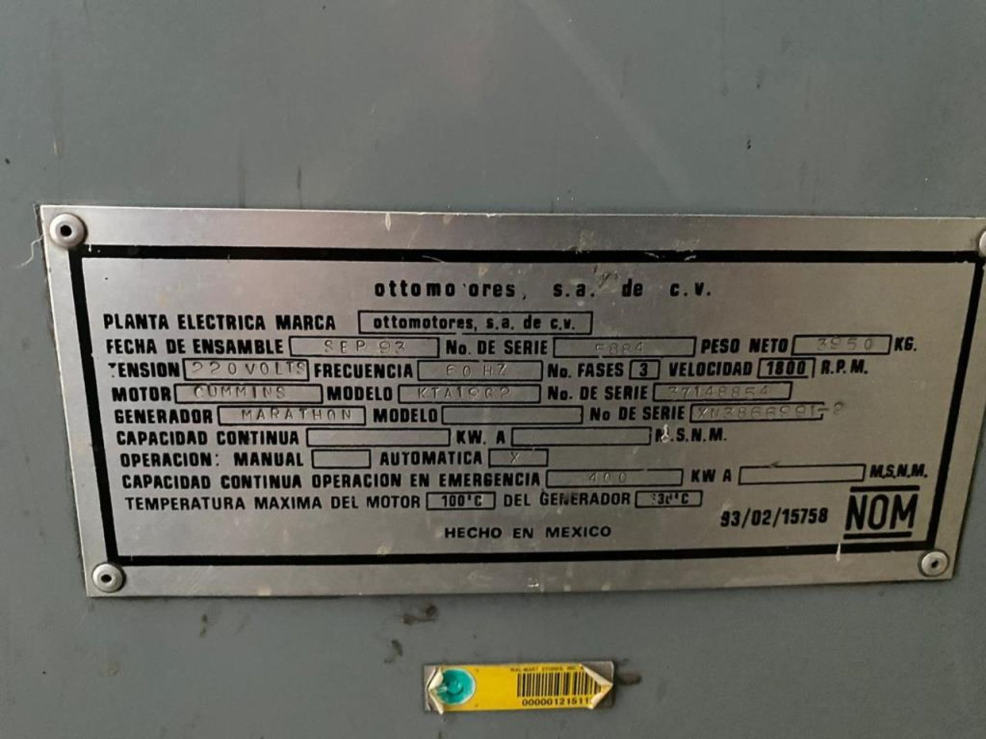 Planta de emergencia de 581 KVA / 465 KW, marca Ottomotores No. de Serie 5884 - Image 15 of 19