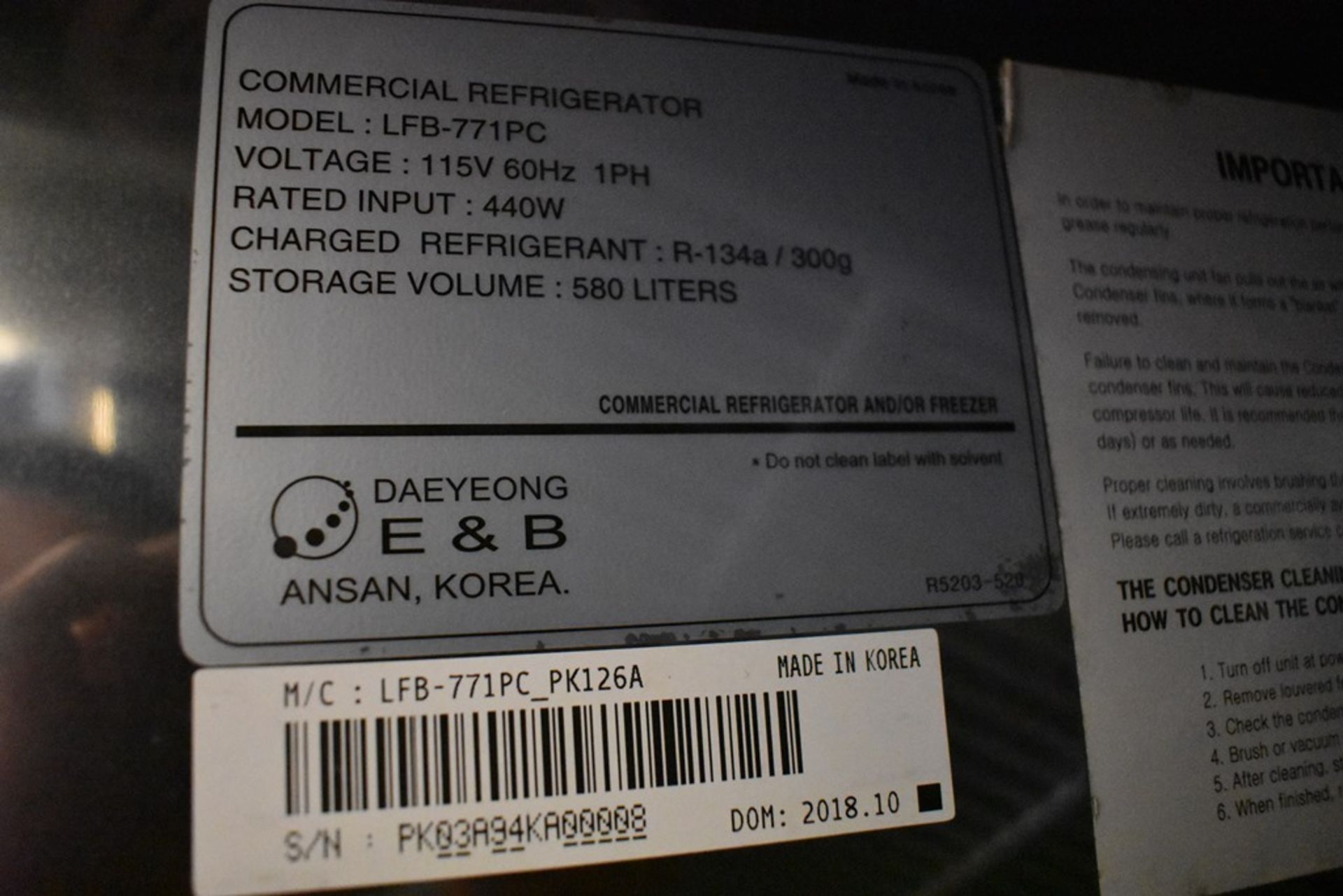 Refrigerador en acero inoxidable marca Parker Equipment, Modelo: LFB-771PC, Serie: PK03A94KA00008 - Image 10 of 11