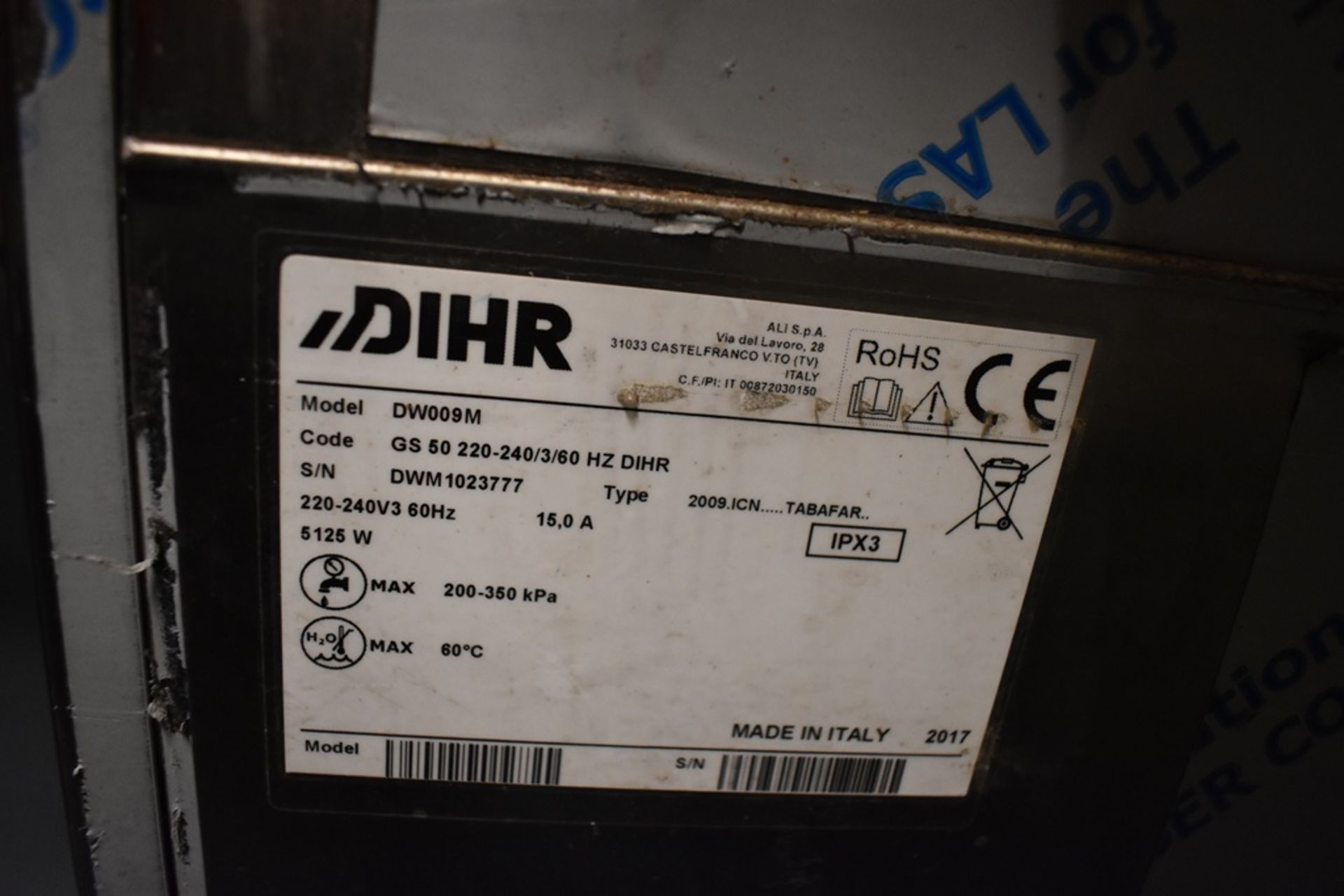 Máquina lavaloza en acero inoxidable marca Dihr, Modelo: DW009M, Serie: DWM1023777 - Image 10 of 11