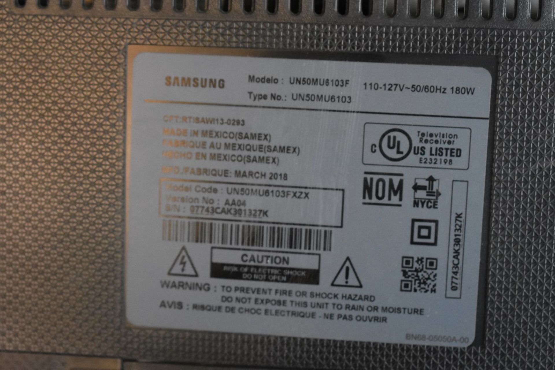 Pantalla Full HD de 50 pulgadas marca Samsung, Modelo: UN50MU6103F, Serie: 07743CAK301327K - Image 6 of 7