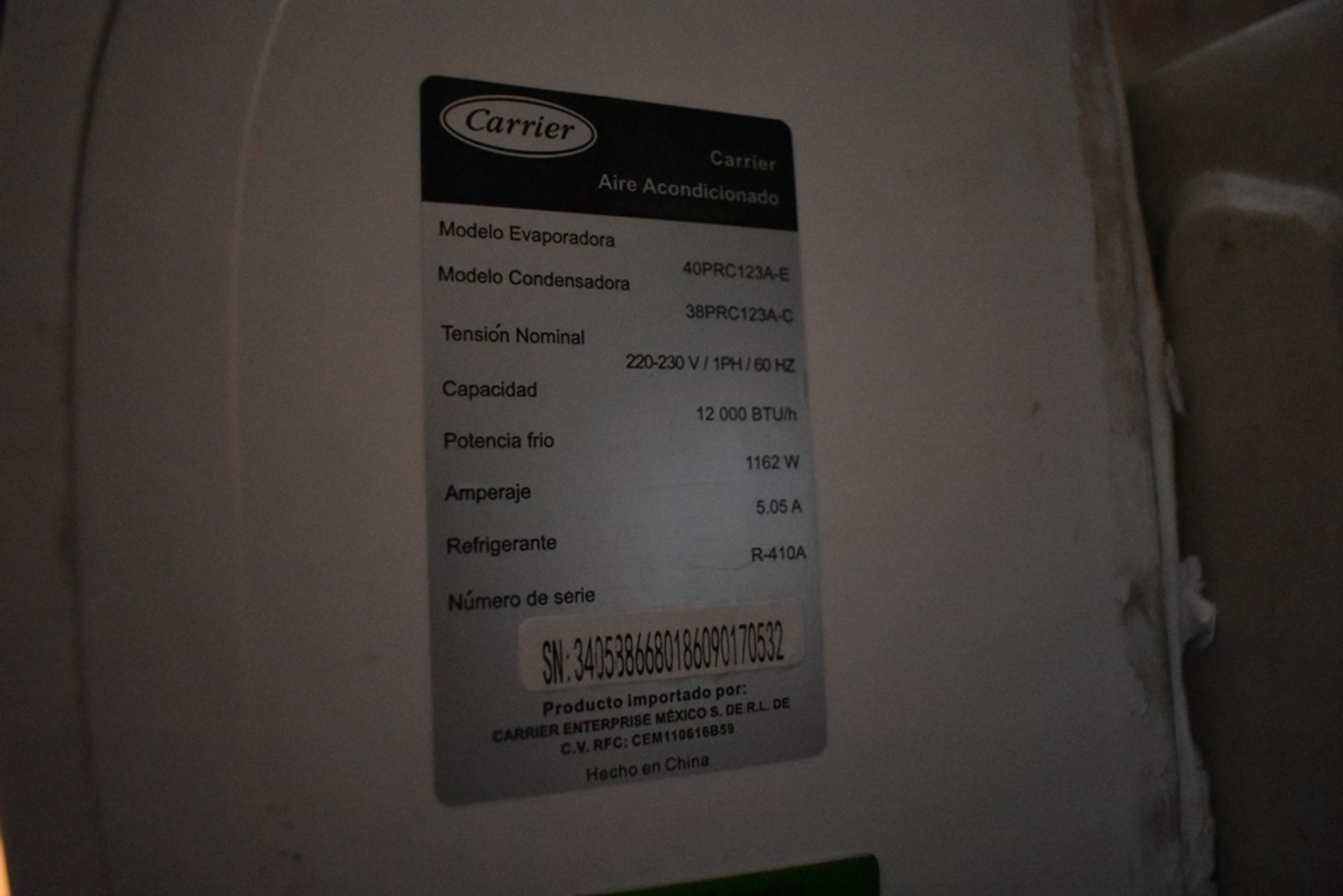 Mini split marca Carrier, Modelo Evaporador: 40PRC123A-E, Modelo Condensador: 38PRC123A-C - Image 7 of 8