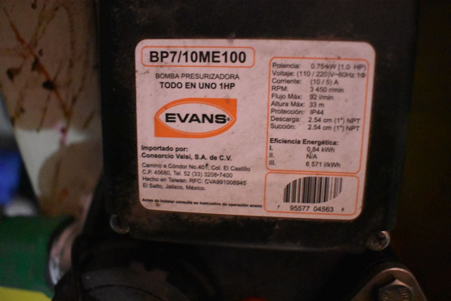 Bomba presurizadora marca Evans, Modelo: BP7/10ME100, Activo: 004267, Potencia 1.0 HP - Image 14 of 16