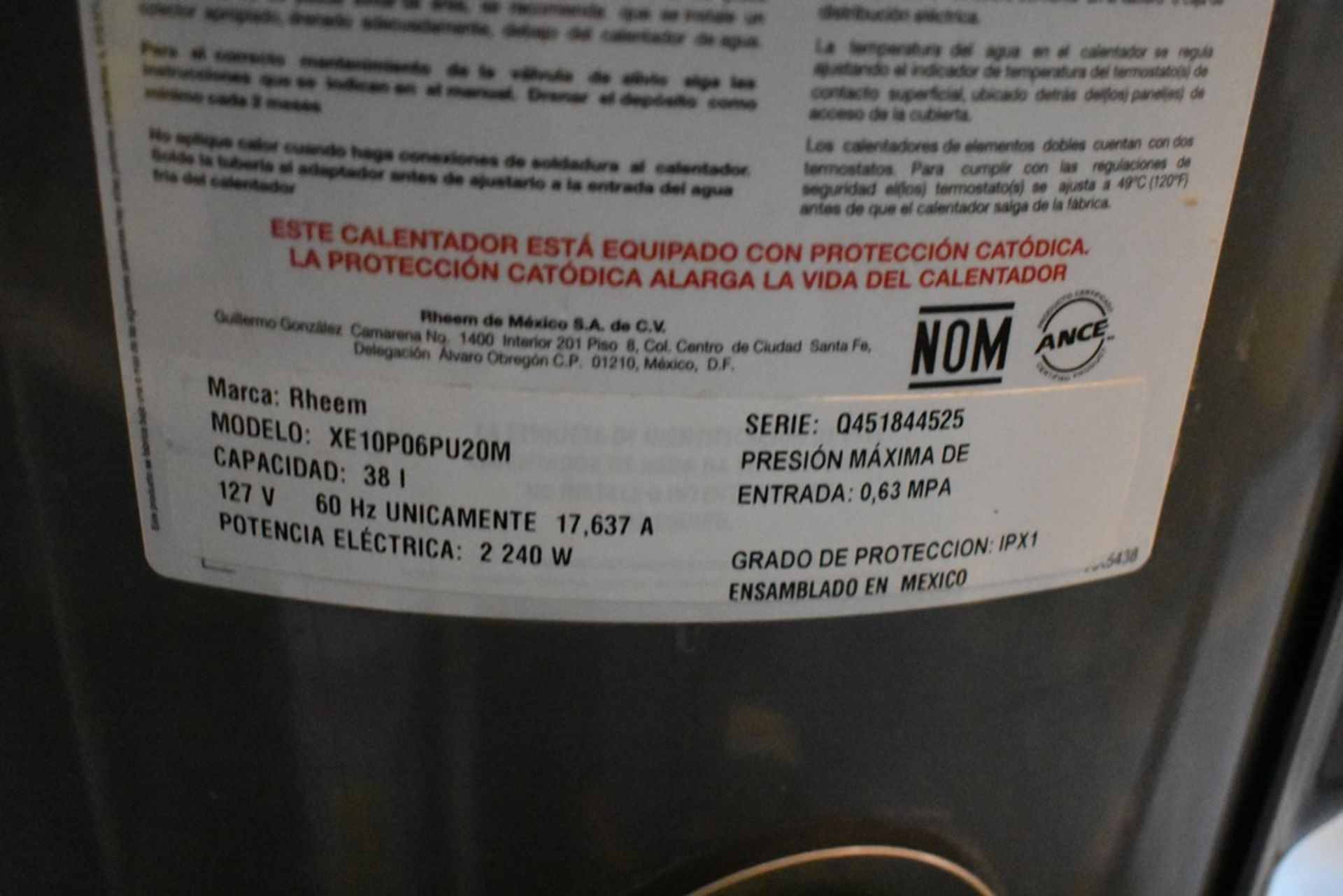 Calentador eléctrico marca Rheem, Modelo: XE10P06PU20M, Serie: Q451844525, Activo: 004265 - Image 8 of 9