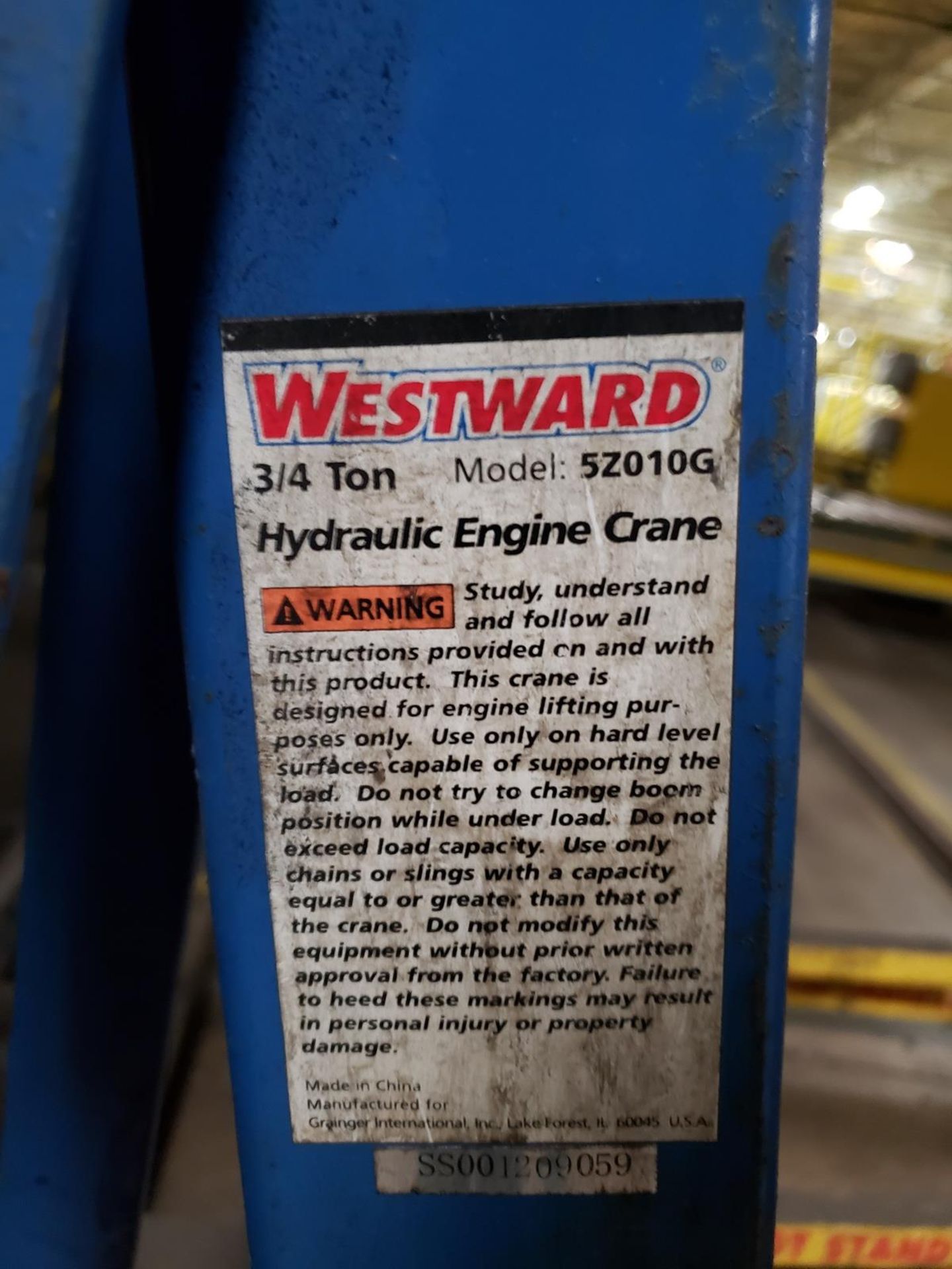 Westward Hydraulic Engine Crane, M# 5Z010G | Rig Fee: $25 - Image 2 of 2