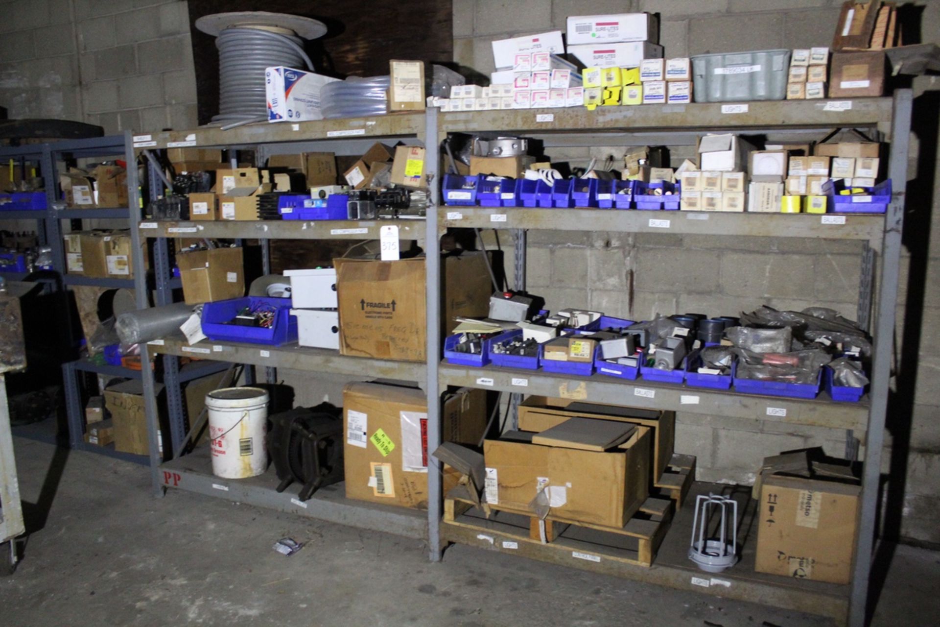 Lot of (7) Storage Shelves, W/ Contents, Electrical Supplies | Rig Fee: Hand Carry or Contact Rigger