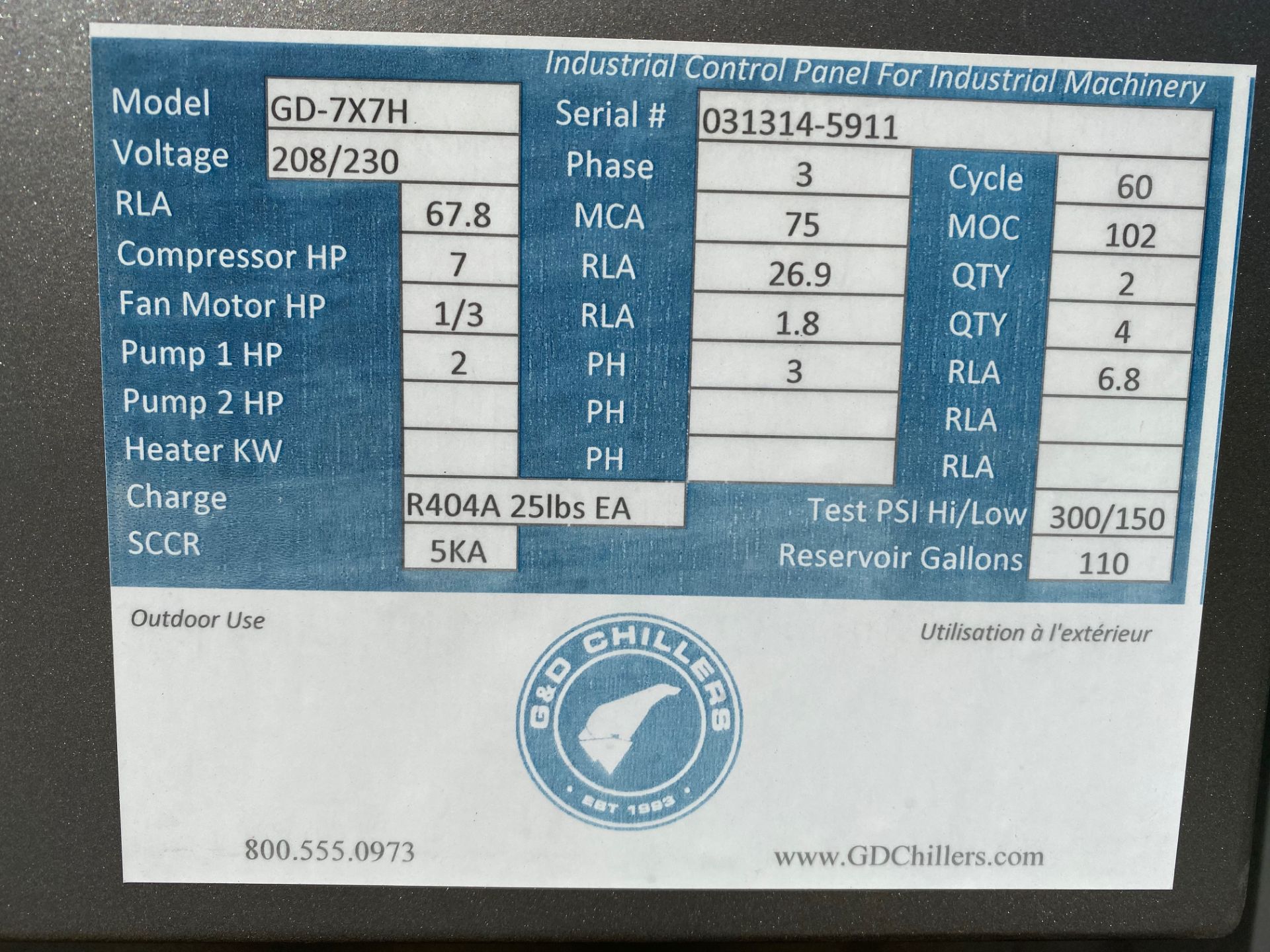 2014 G&D Model GD-7X7H Glycol Chiller, 7HP Compressor, S/N: 031314-5911 | Rig Fee: $1250 - Image 3 of 5