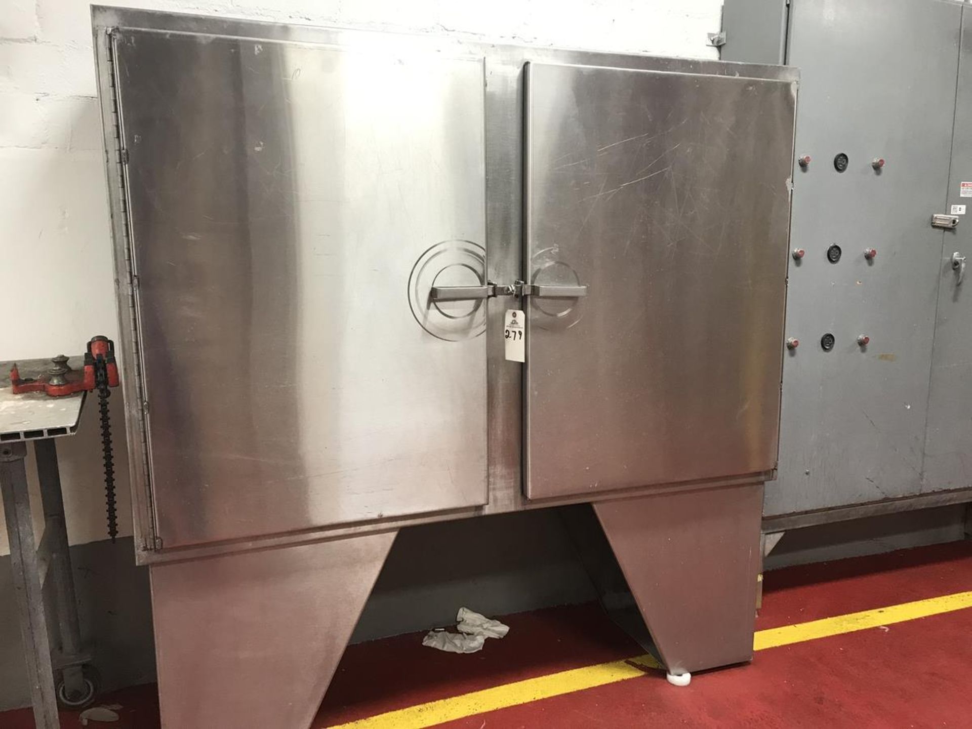 (2) Door Stainless Steel Cabinet, Approx 22in x 72in x 74in, Table, (2) Trash Can | Rig Fee: $100