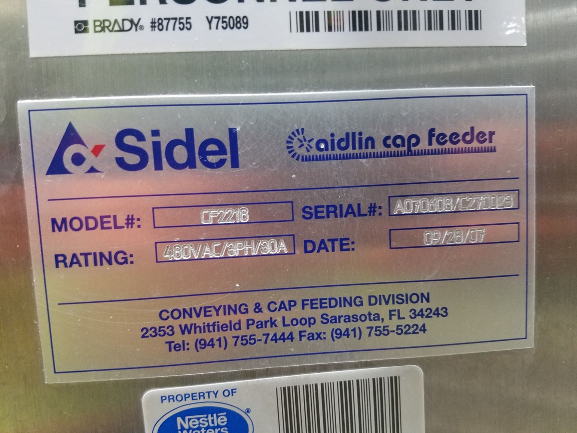 2007 Sidel Aidlin Model CF2218 Cap Feeder, Cap Genie CR 1014, Sidel Bulk Cap Hopper & Elevator - Image 2 of 14