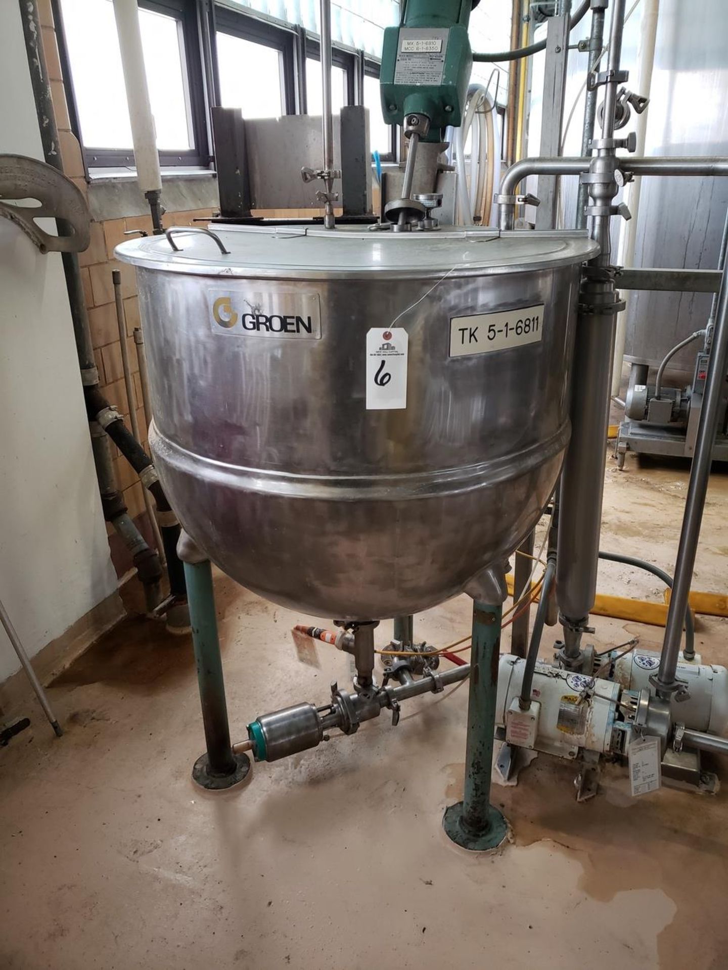 Groen 100 Gallon Jacketed, Agitated Mixing Kettle, M# N-100, S/N 50626-1, W/ Sanita | Rig Fee: $250