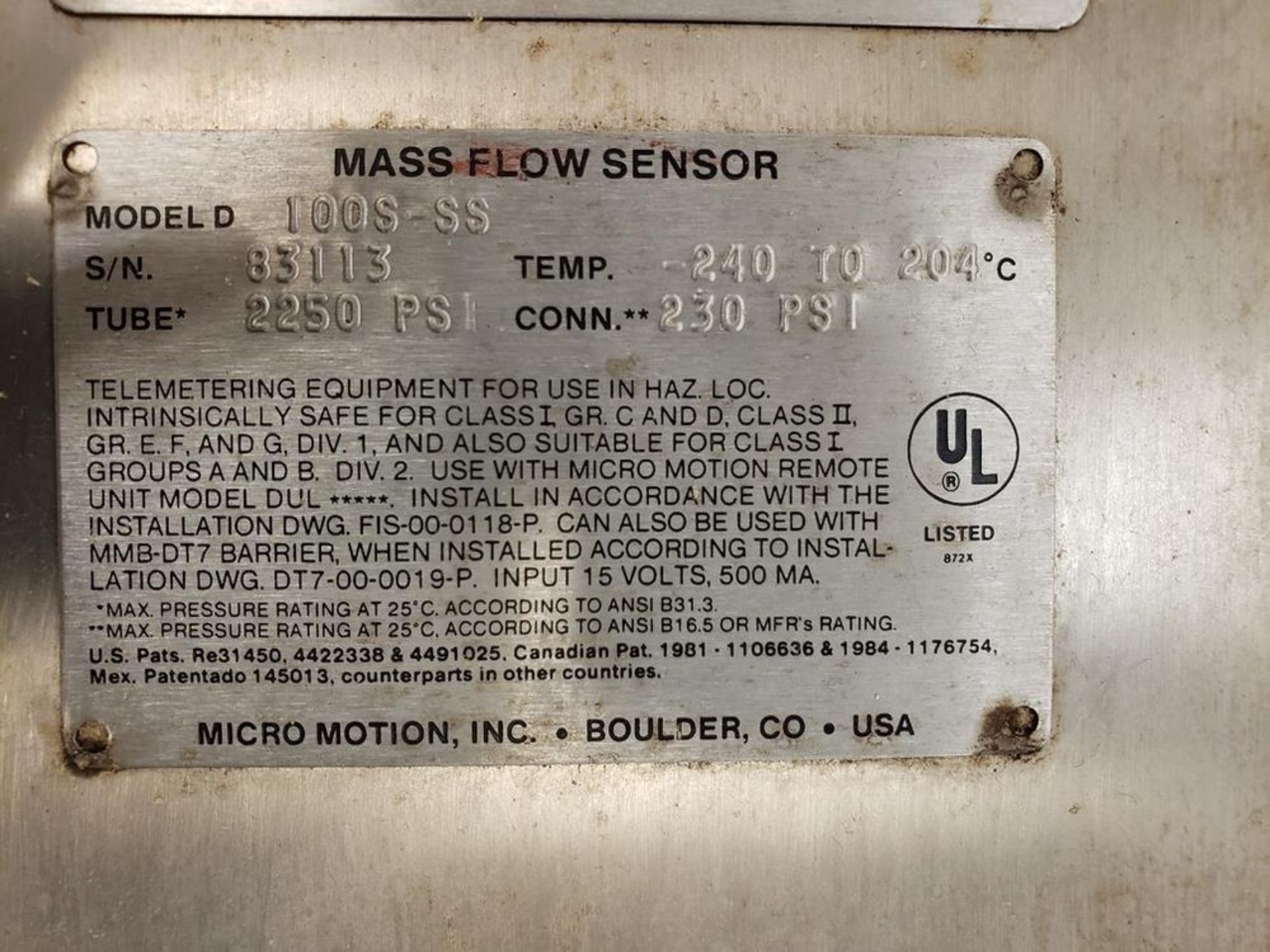 Micro Motion Mass Flow Sensor, M# D100S-SS | Rig Fee: $25 or Hand Carry - Image 2 of 2