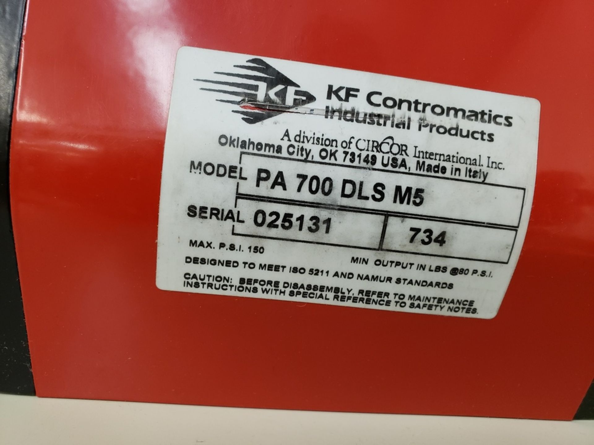 KF Contromatics Air Actuated Valve, M# PA 700 DLS M5 | Rig Fee: $25 or Hand Carry