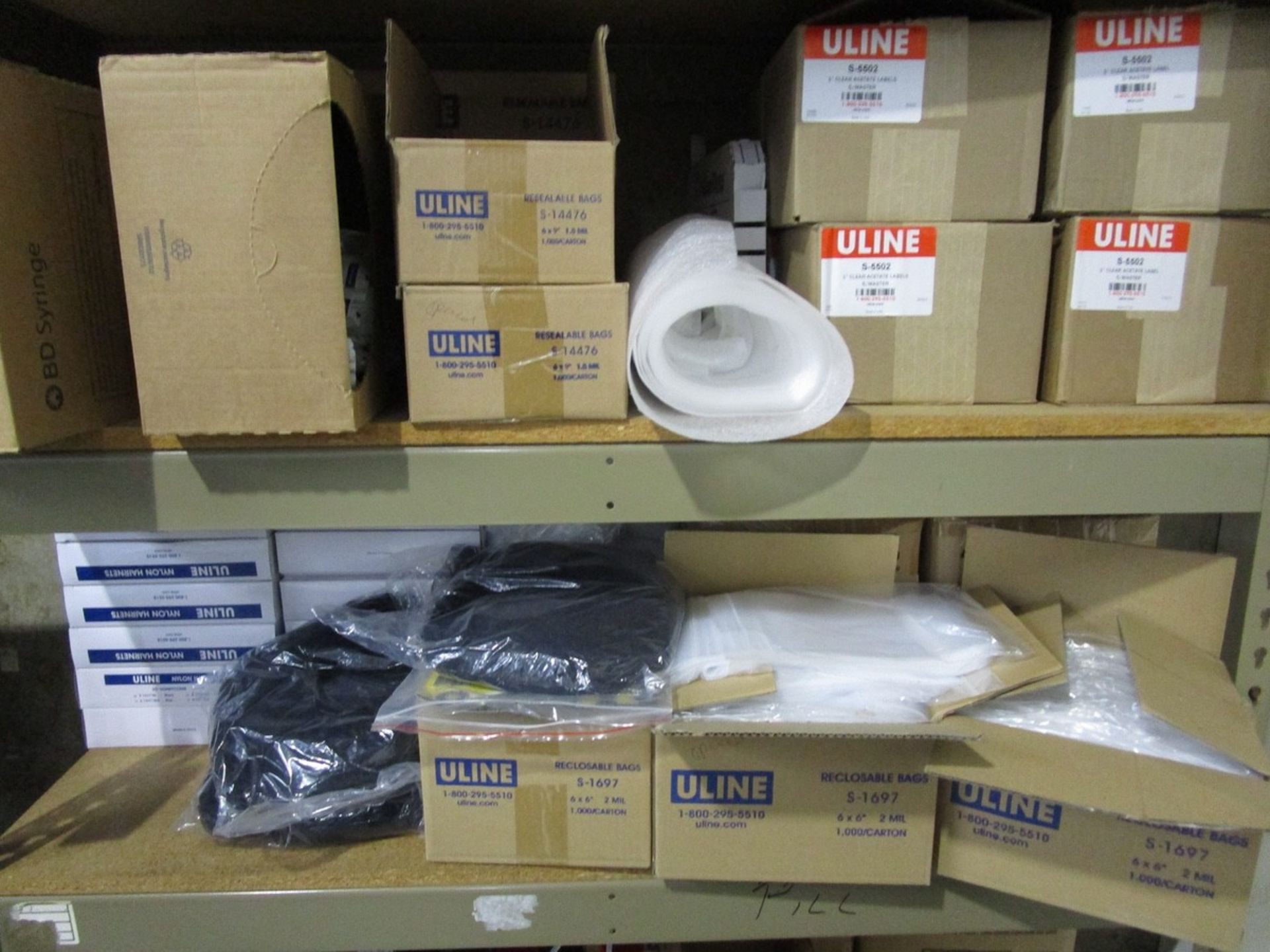 Lot Asst. Bags, Labels, Hairnets, Shelving, Shippers Bench, Fils | Rig Fee: $0 - Image 2 of 2