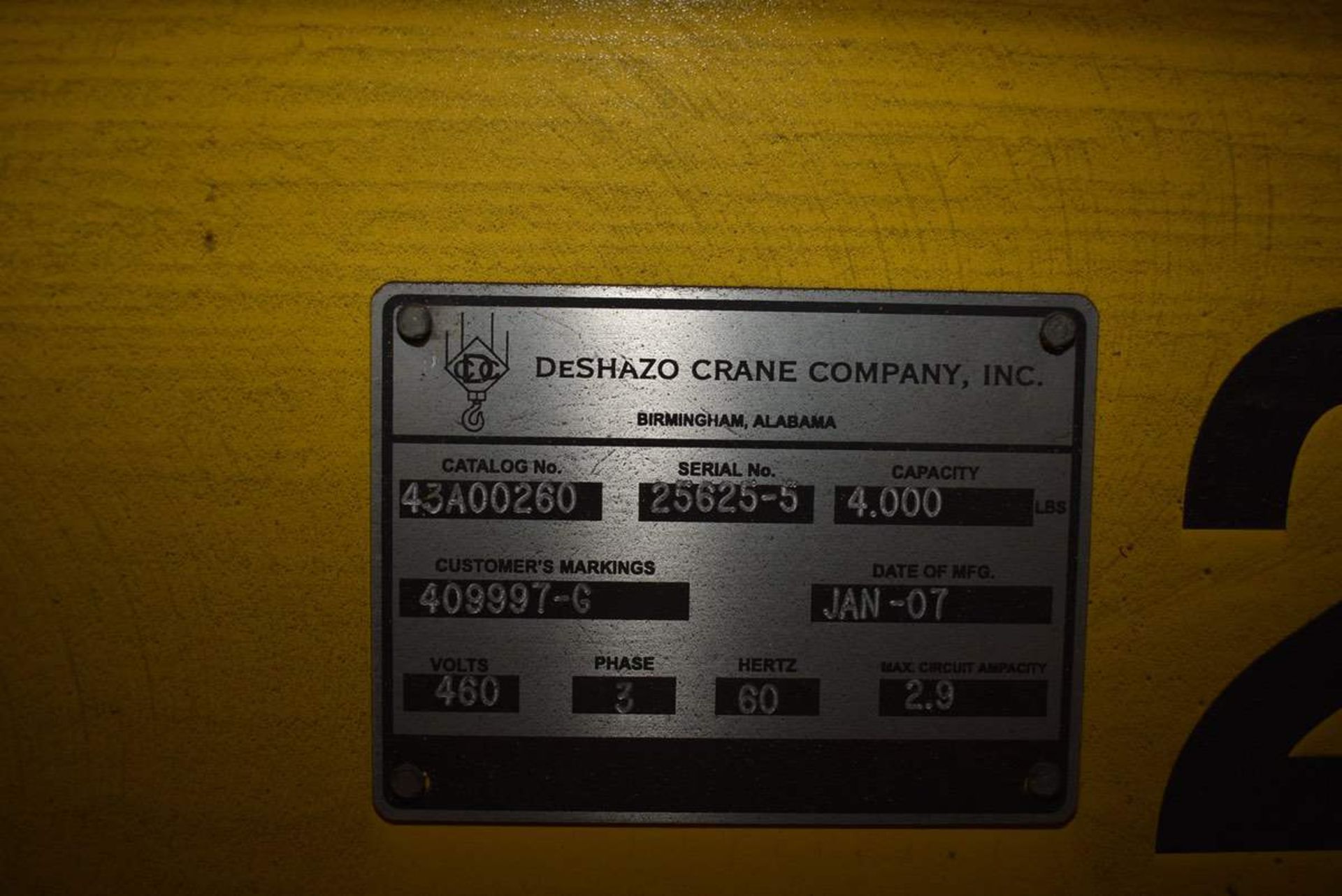 2007 DeShazo 2 Ton Bridge Crane Rail, Harrington 1 Ton Chain Hoist, Approx 60ft Span, | Rig Fee $300 - Image 2 of 4