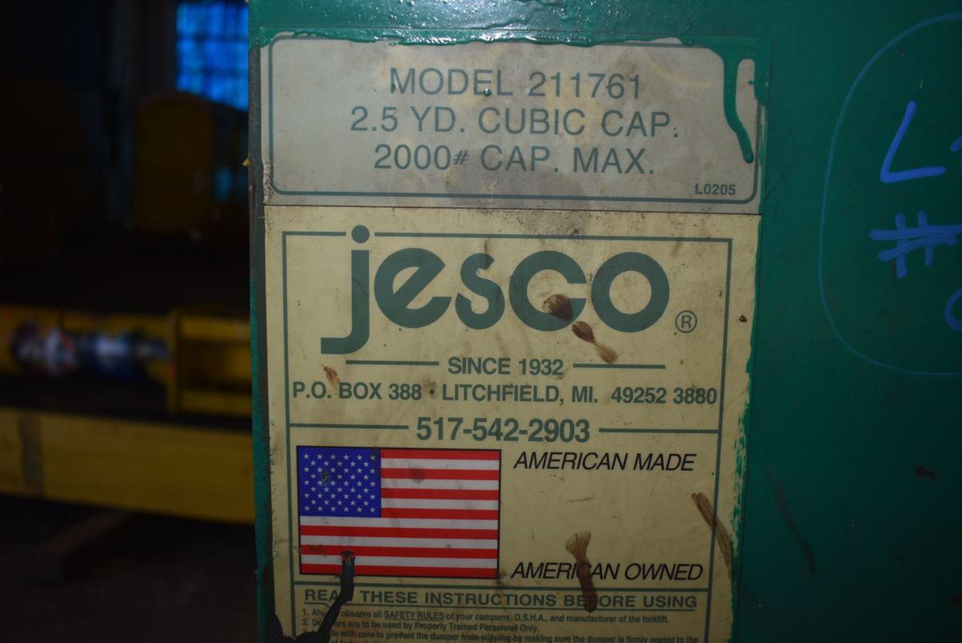 Jesco Model 211761 Self Dump Hopper, Rated 2.5 Cubic Yard, 2000 LB Max - Image 2 of 4