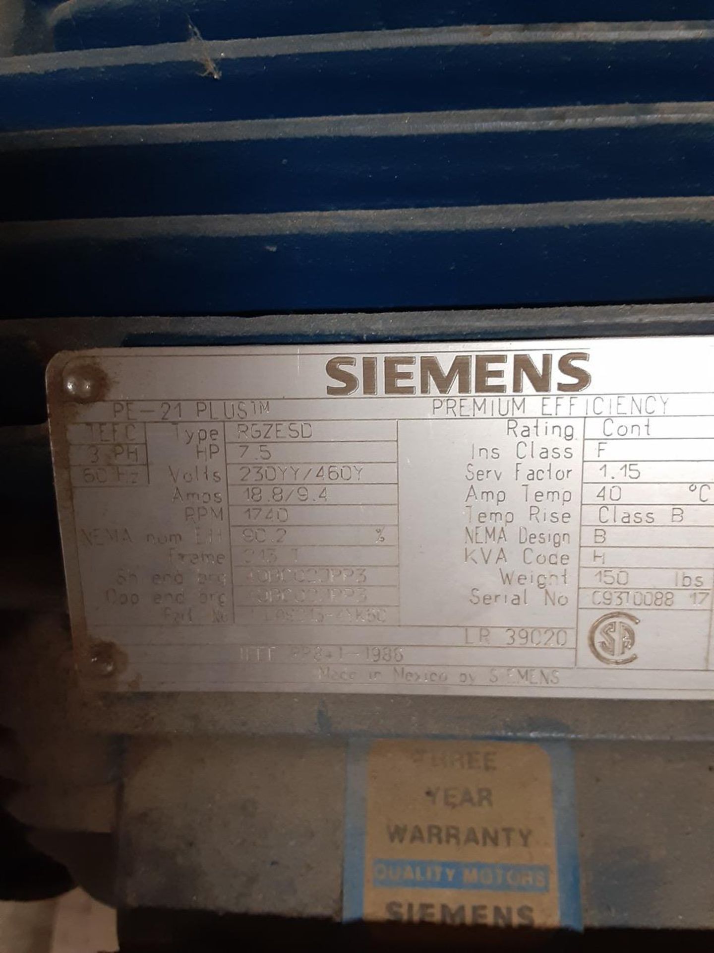 Gear Reducer w/Motor 7.5 HP - Subject to Bulk Bid Lot 845B -The Greater of the | Rig Fee: No Charge - Image 3 of 3