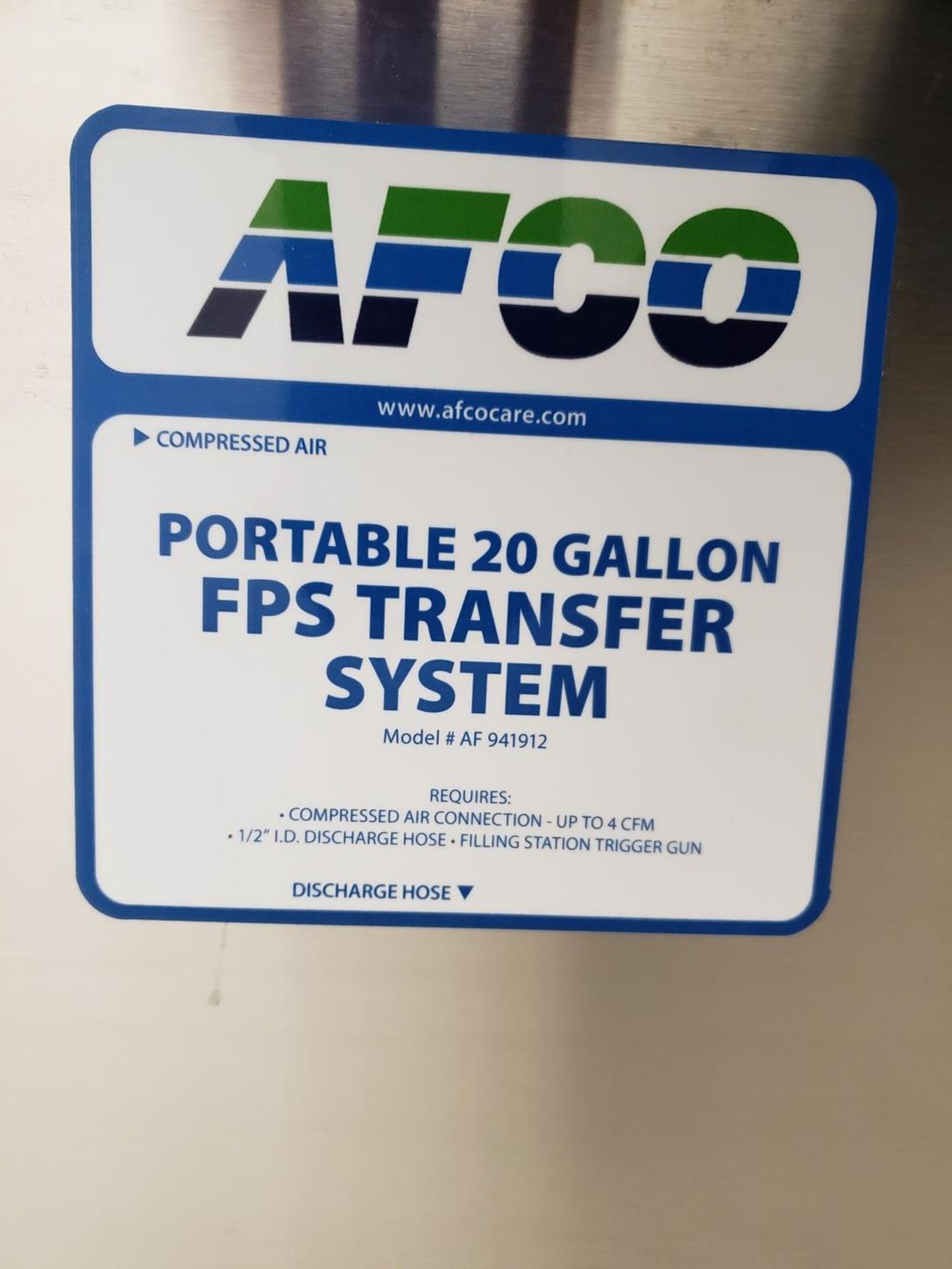 Afco 20 Gallon FPS Transfer System | Rig Fee: Hand Carry or Contact Rigger - Image 2 of 2