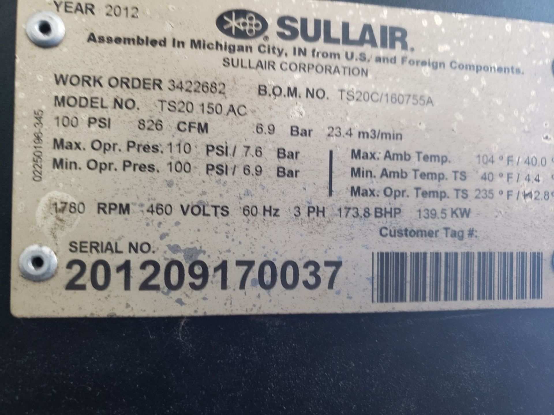 Sullair Air Compressor, M# TS20 150 AC, S/N 201209170037 | Rig Fee: $750 - Image 2 of 4