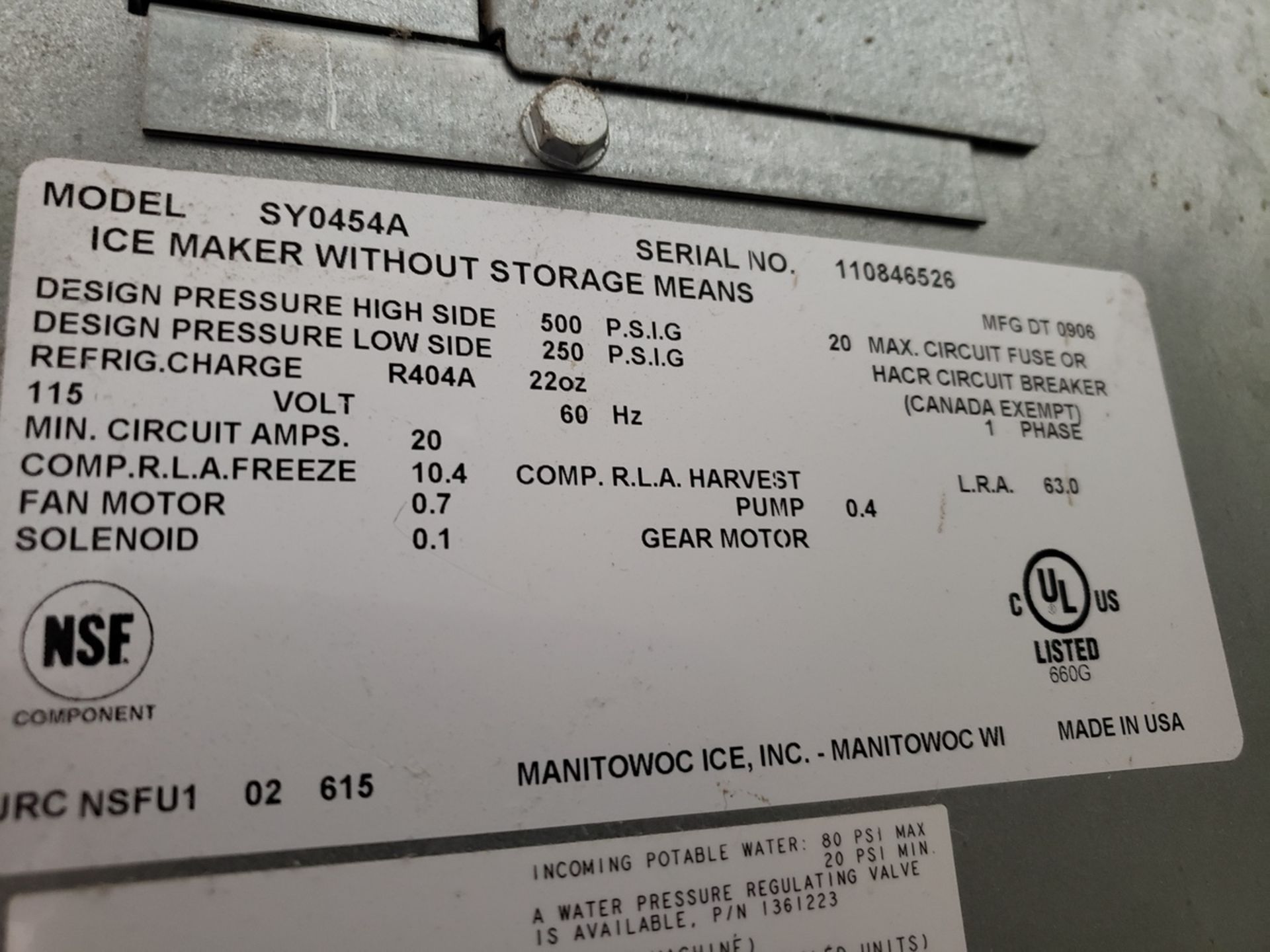 Manitowoc Ice Maker, M# SY0454A, S/N 110846526 | Rig Fee: $200 - Image 2 of 2
