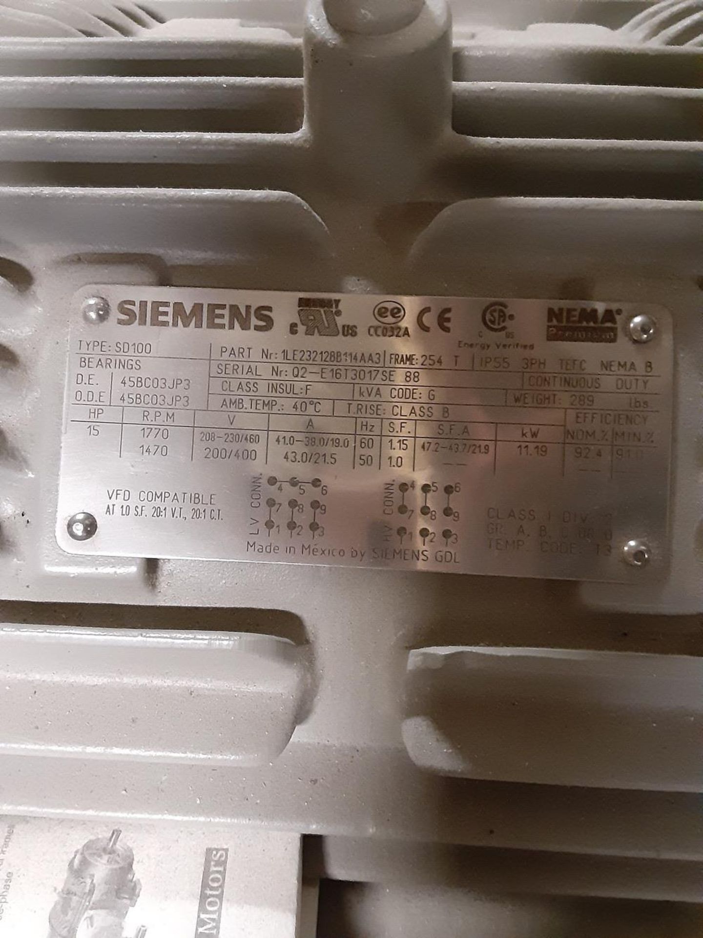 Siemen Electric Motor, 15 HP - Subject to Bulk Bid Lot 845B -The Greater of th | Rig Fee: No Charge - Image 2 of 2