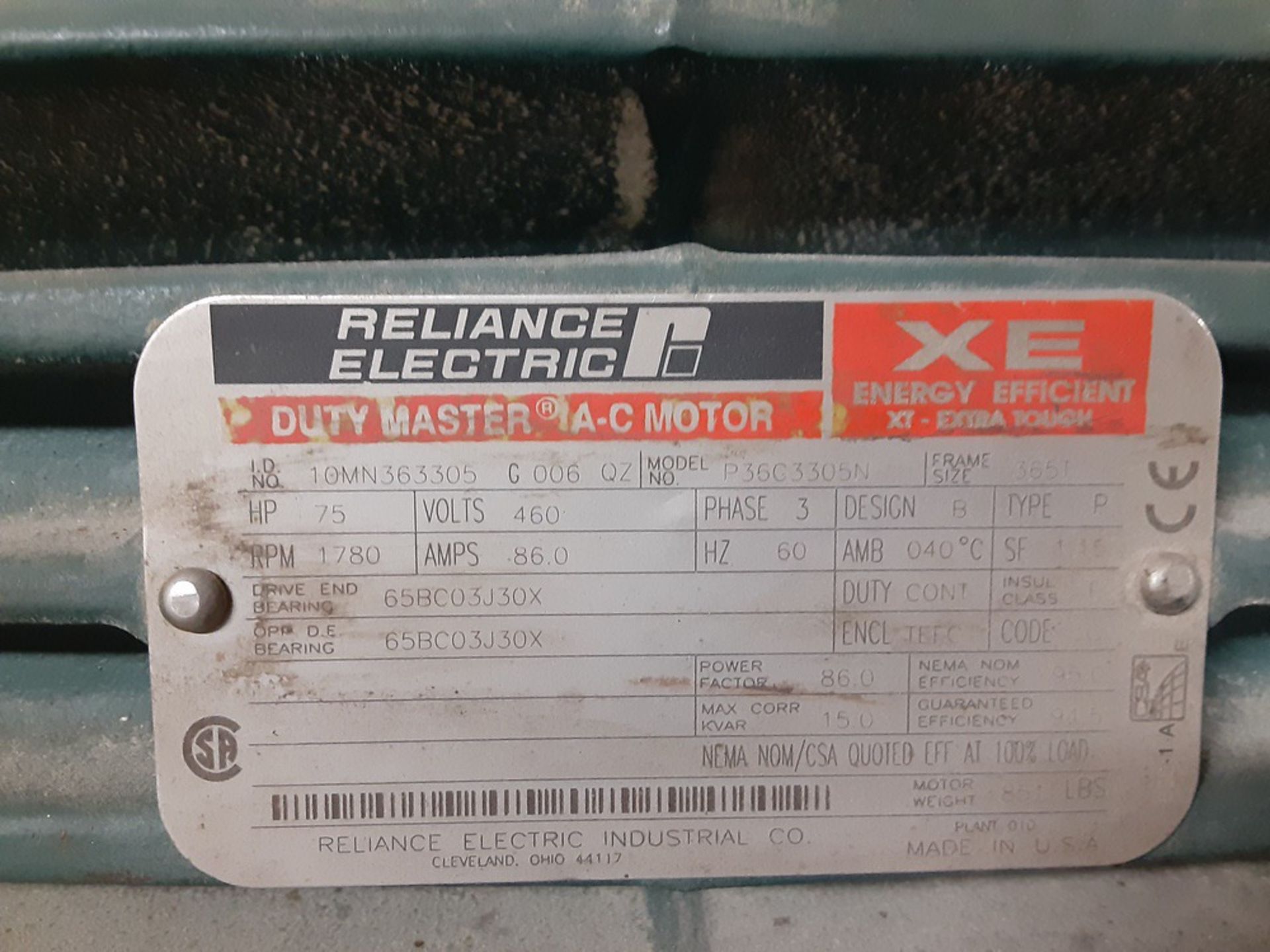 Reliance Eledctric Motor, 75 HP - Subject to Bulk Bid Lot 845B -The Greater of the | Rig Fee: $40 - Image 2 of 2