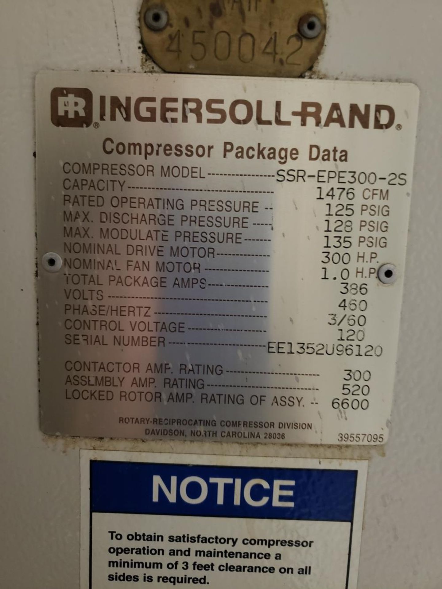 Ingersoll Rand Air Compressor, M# SSR-EPE300-2S, S/N EE1352U96120 | Rig Fee: $1400 - Image 2 of 3